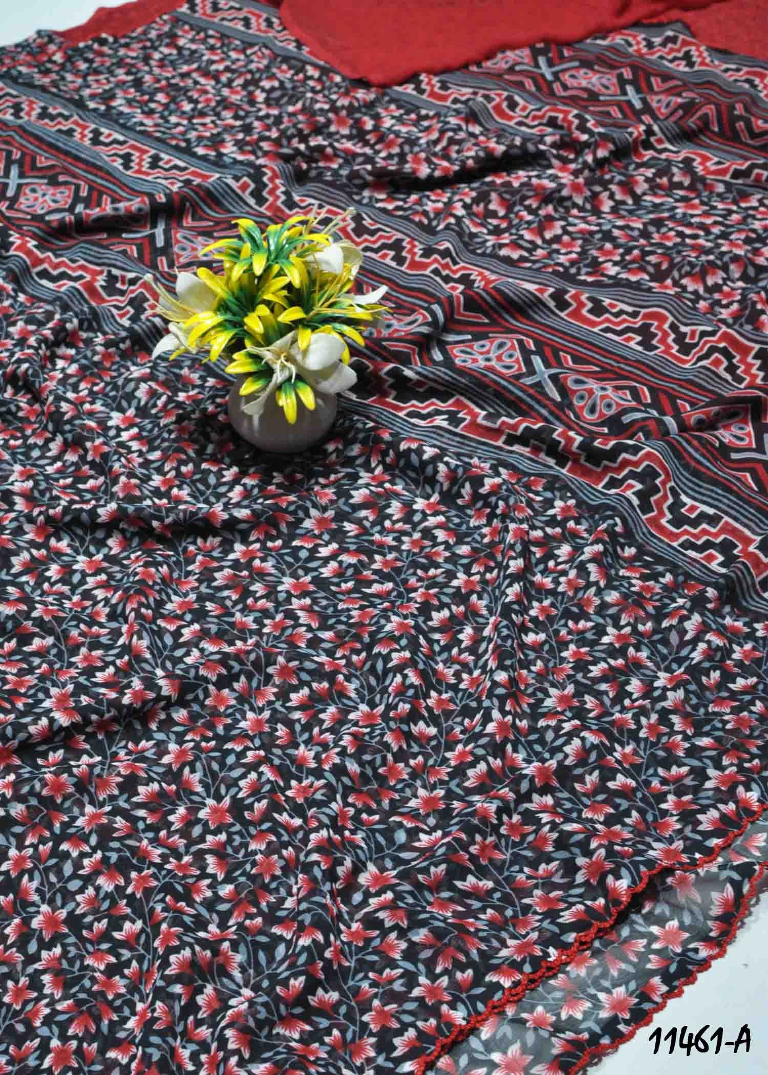 Lilly - 11461-A Black & Red Color Floral Print Synthetic Saree CM1295859 (LR11B)