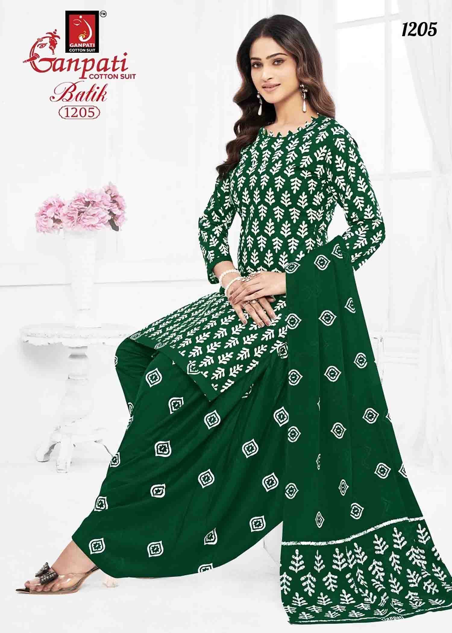 Ganpati Batik Vol-12 - 1205 DarkGreen Color Batik Cotton Salwar Material CM1317775 (LR1E)