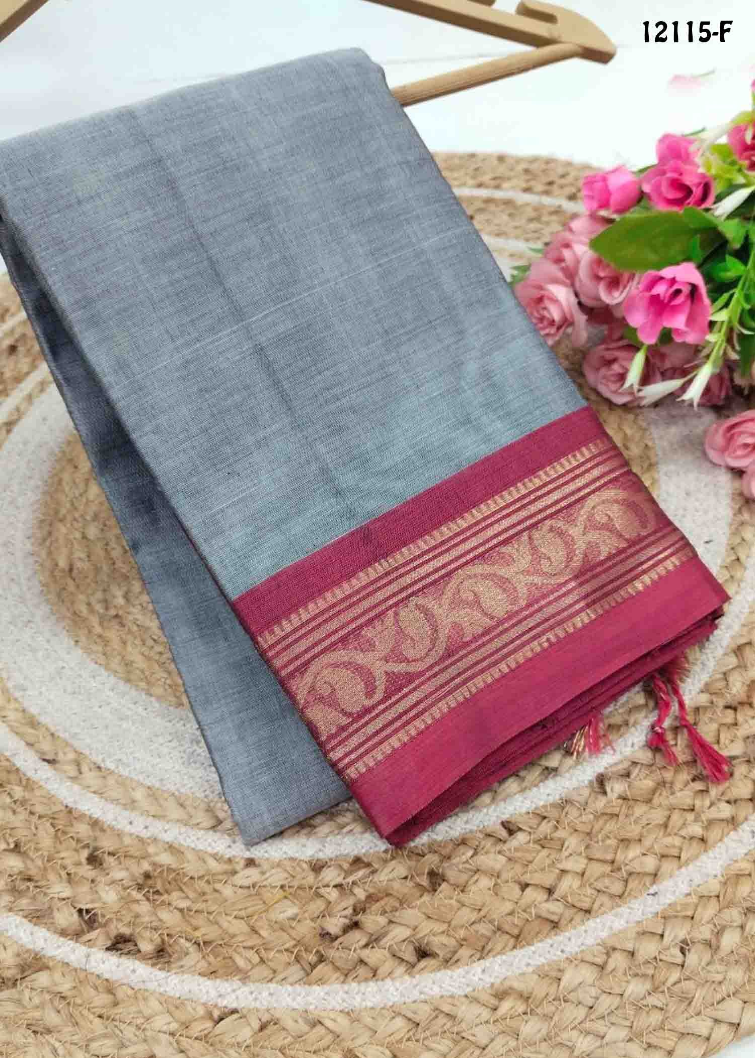 Varshini- 12115-F Grey Color Excellent Traditional Look Mangalagiri Cotton Saree CM1326875 (LRR13D)