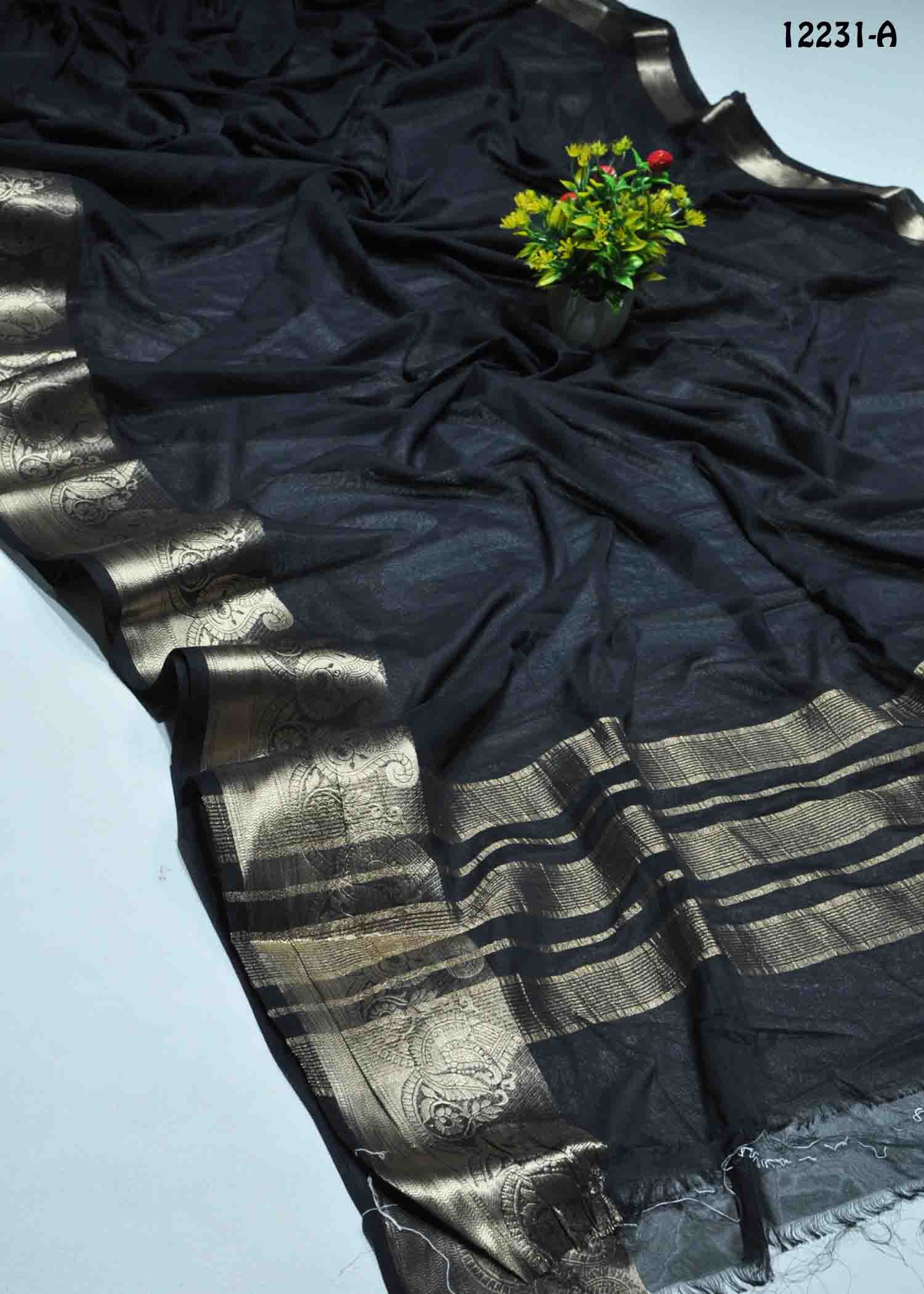 Nakshathra - 12231-A Black Color Beautiful Plain Crepe Silk Saree CM1283189 (RR3D)
