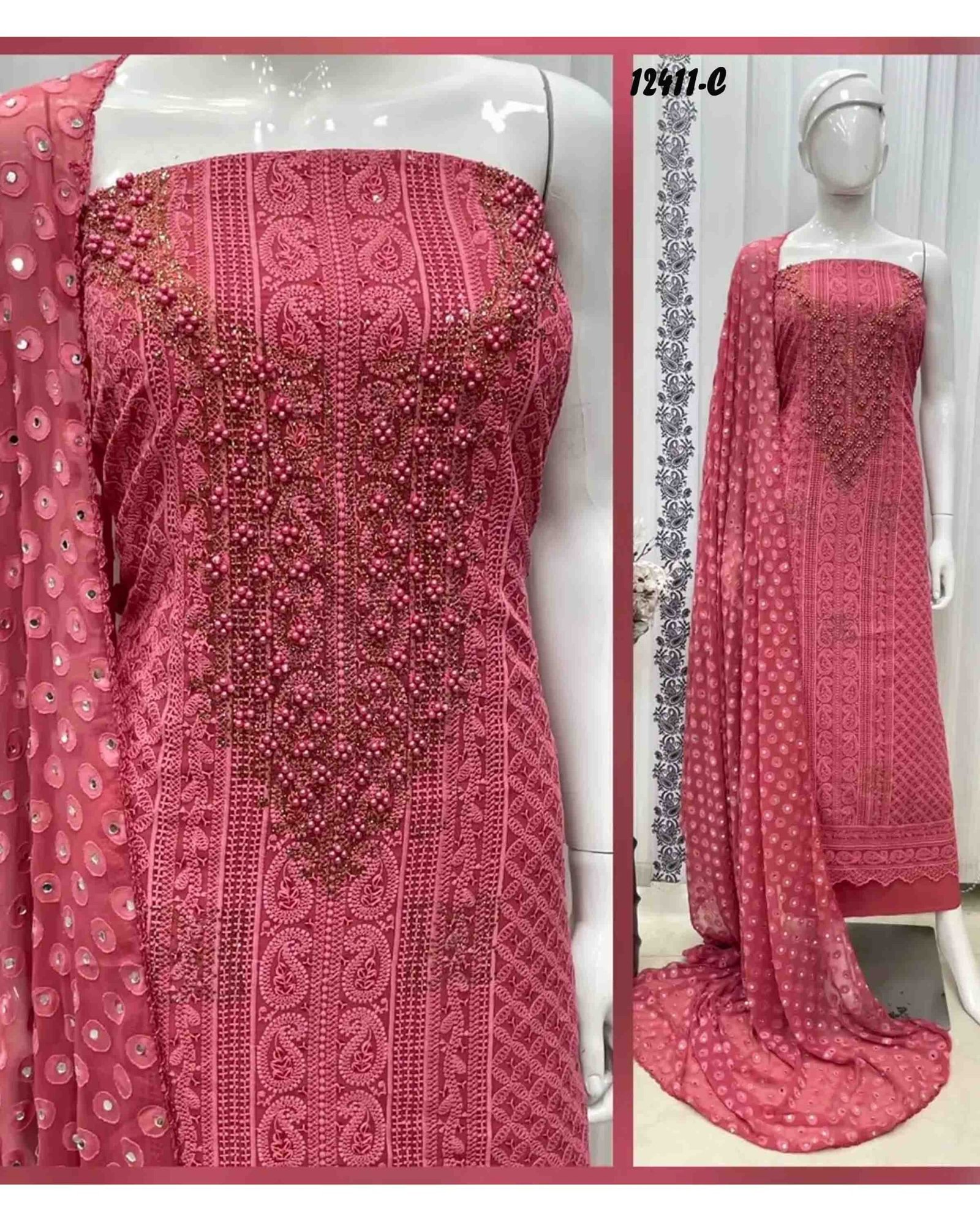 Hazel - 12411-C MerlotRed Color Georgette with elegant Chicken Neck design and intricate Handwork CM1314568 (RR1D)