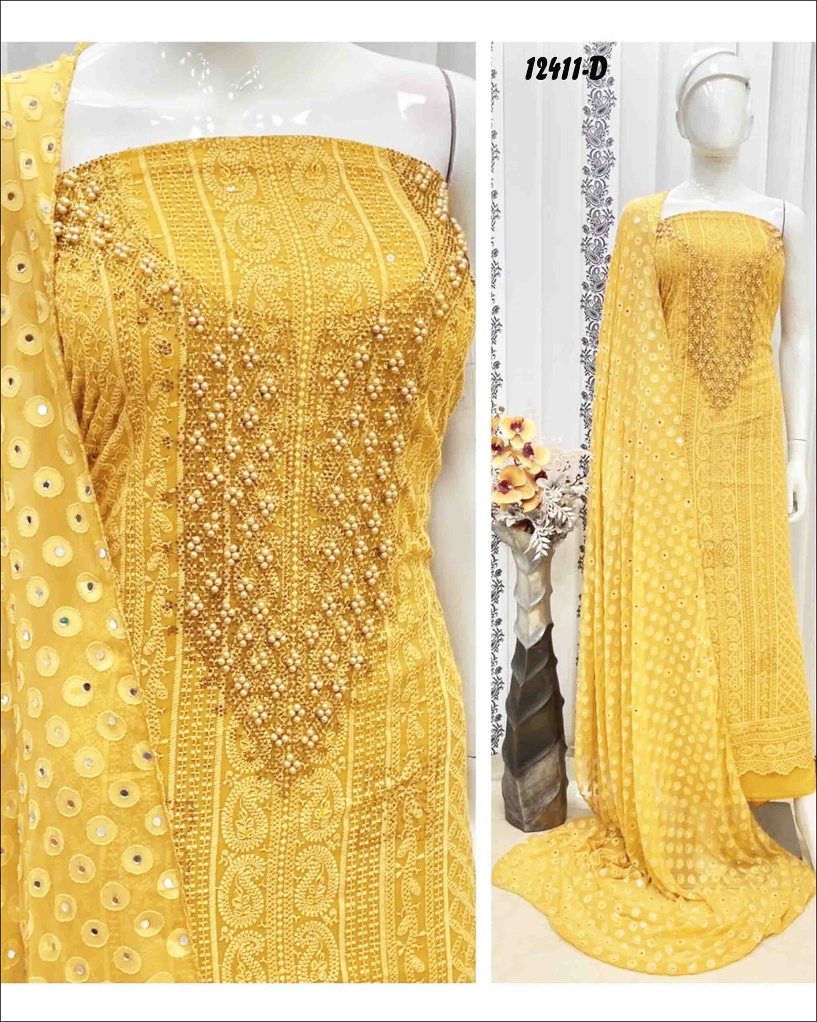 Hazel - 12411-D Yellow Color Georgette with elegant Chicken Neck design and intricate Handwork CM1314568 (RR1D)