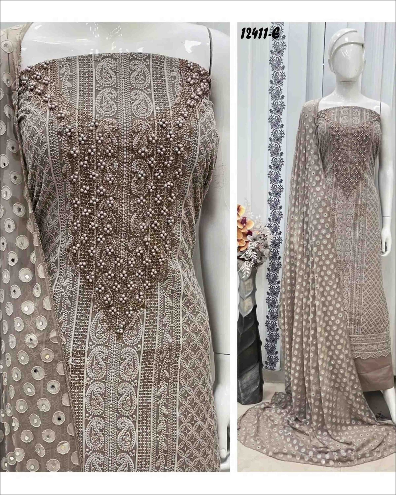 Hazel - 12411-E Grey Color Georgette with elegant Chicken Neck design and intricate Handwork CM1314568 (RR1D)