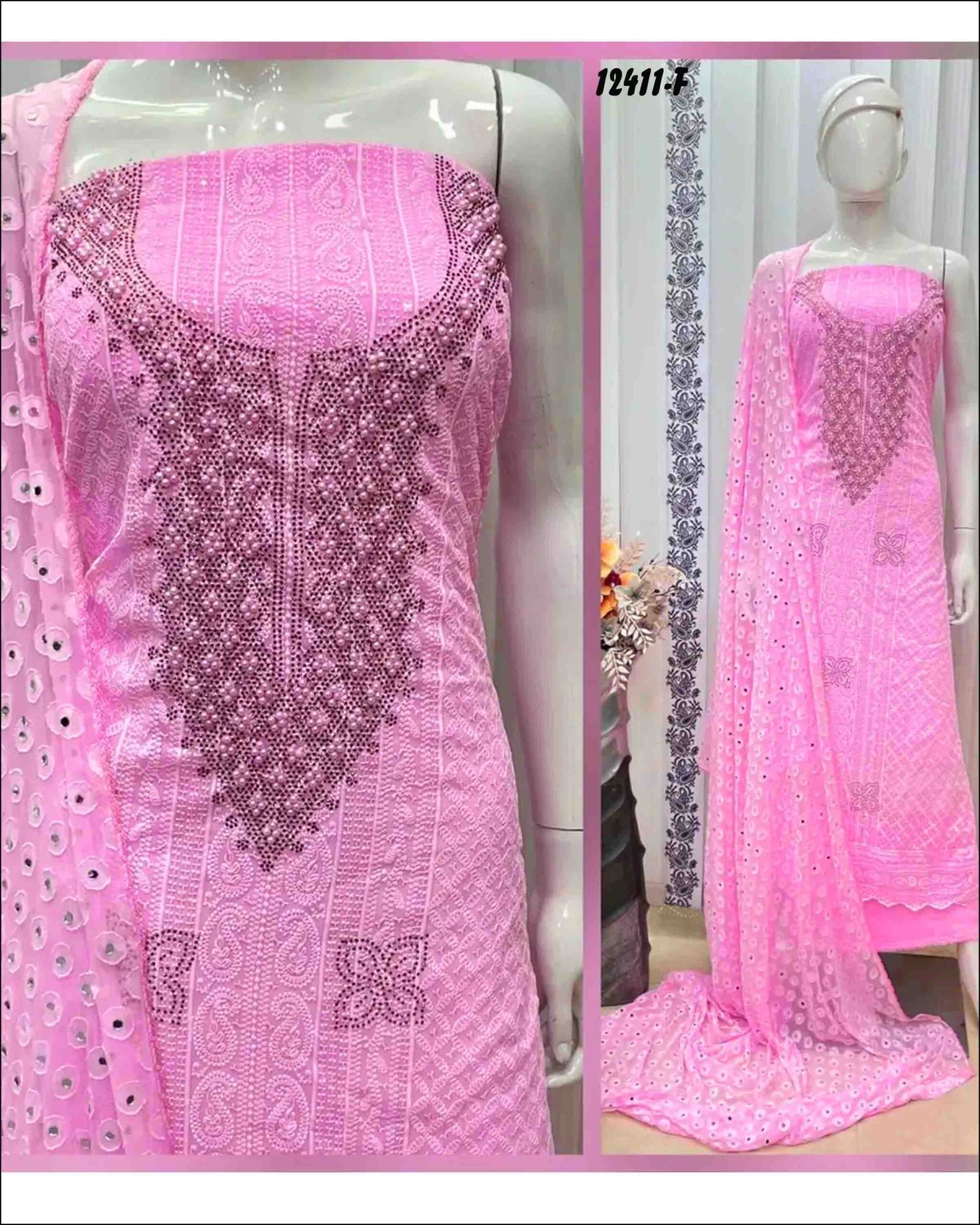 Hazel - 12411-F Pink Color Georgette with elegant Chicken Neck design and intricate Handwork CM1314568 (RR1D)