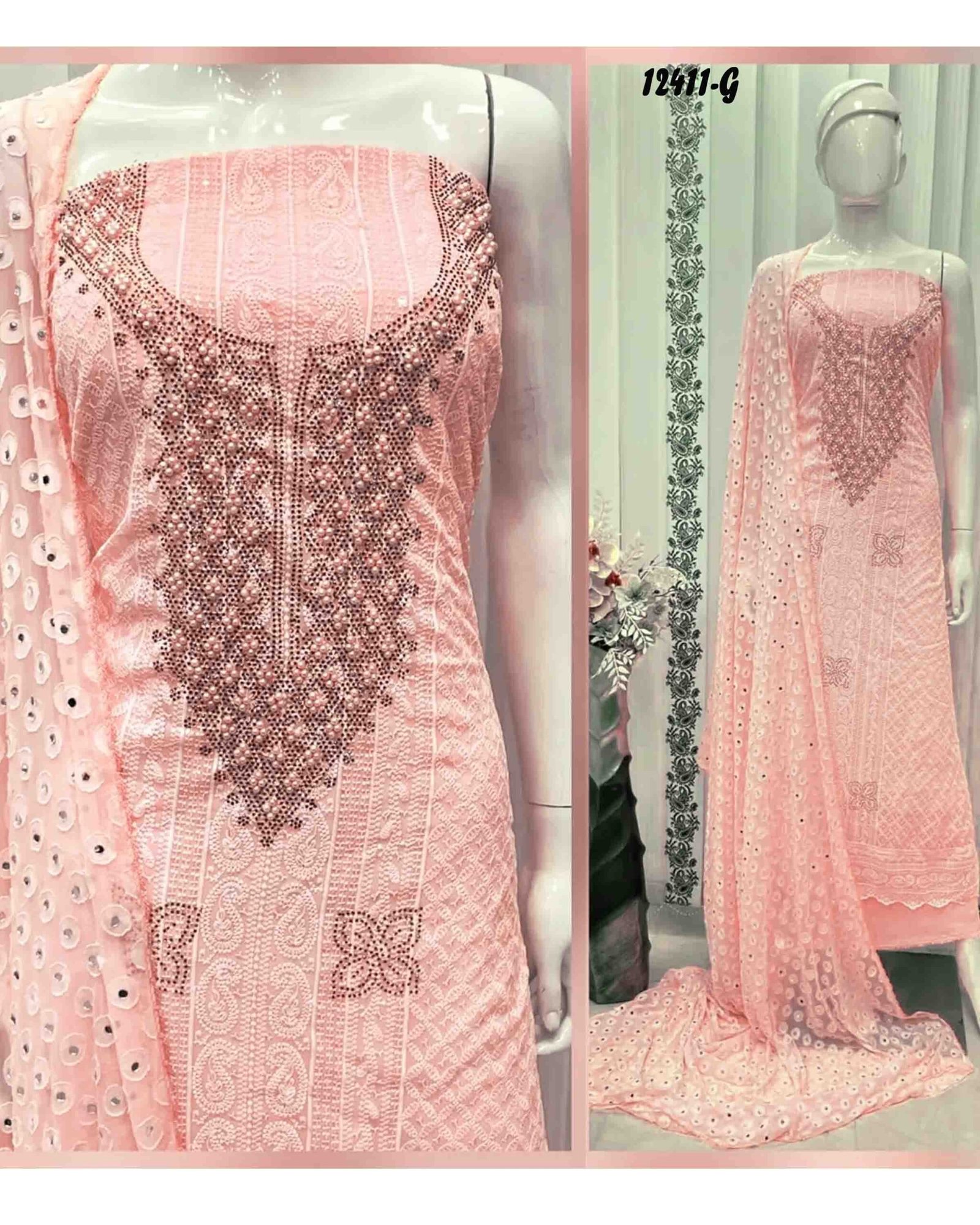 Hazel - 12411-G Peach Color Georgette with elegant Chicken Neck design and intricate Handwork CM1314568 (RR1D)