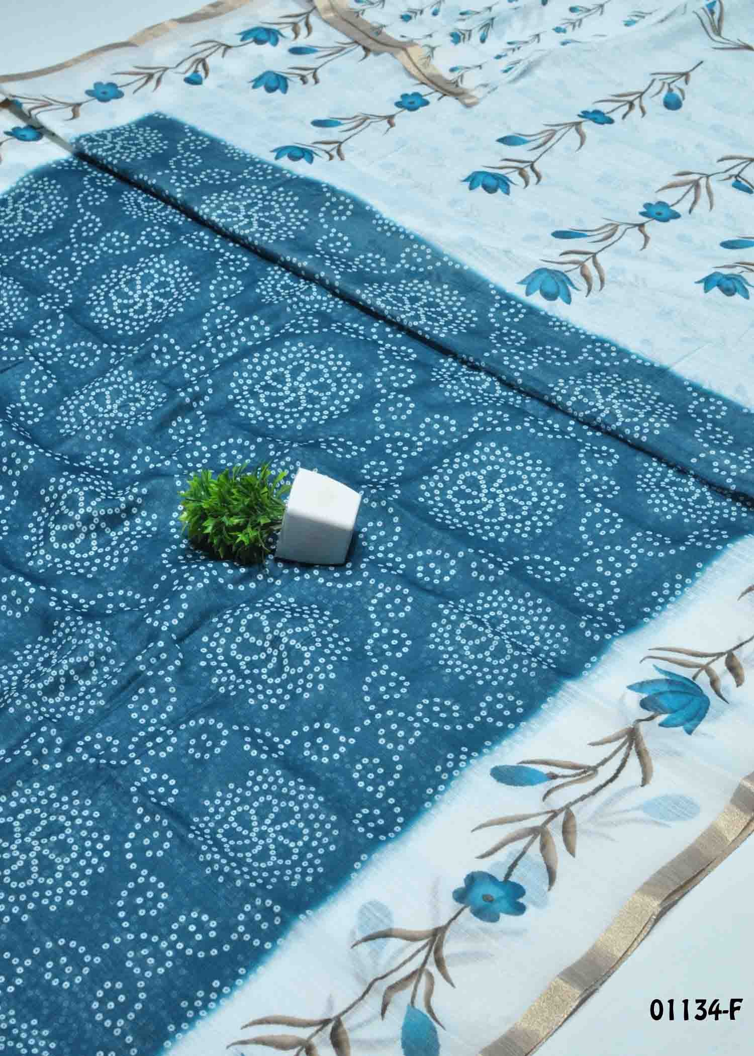 Sulochana - 01134-F PeacockBlue Color Linen Cotton Saree CM1354307 (LR6D)