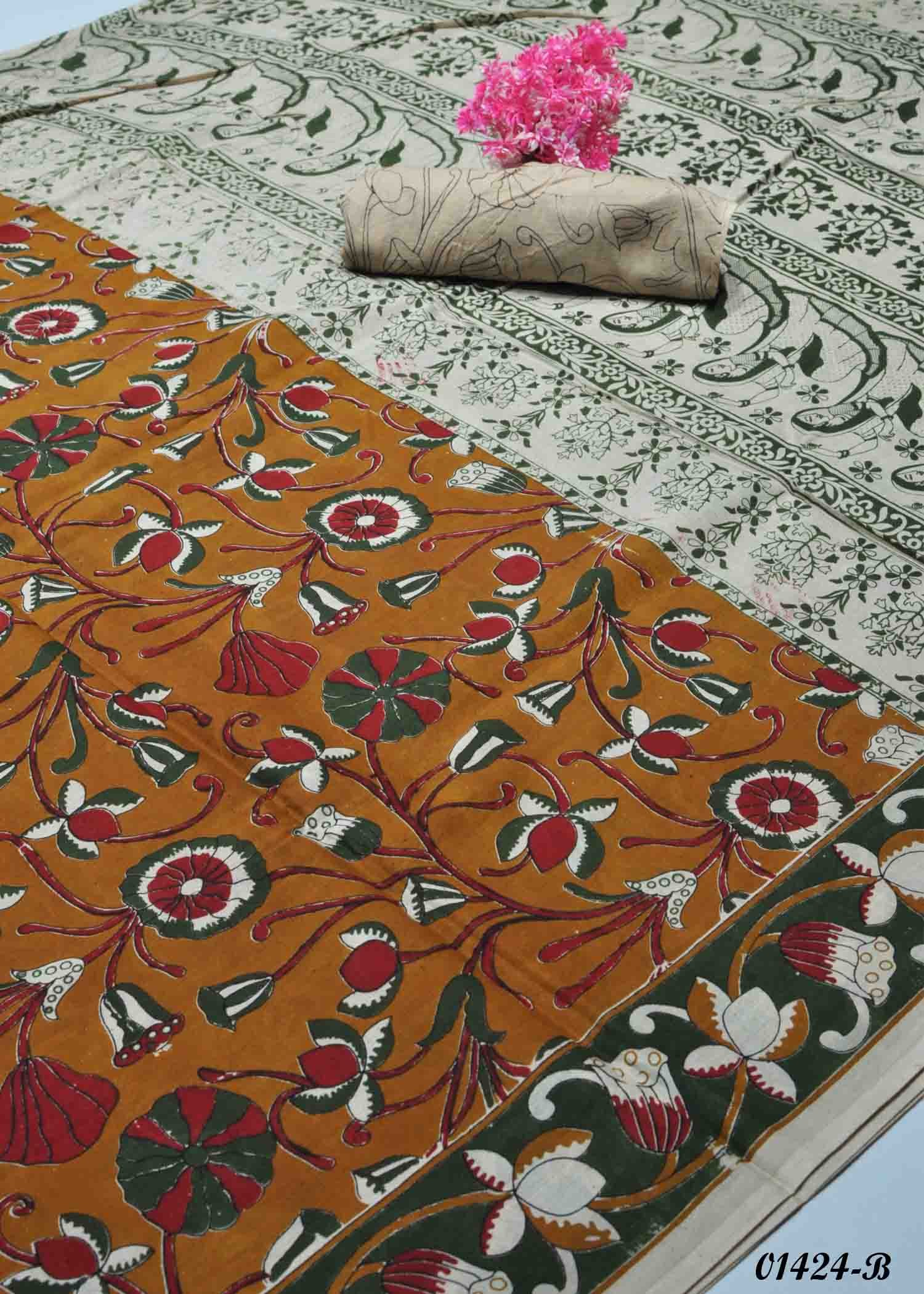 Merlina - 01424-B Mustard Color Printed Batik Cotton Saree CM1340556 (RR4B)