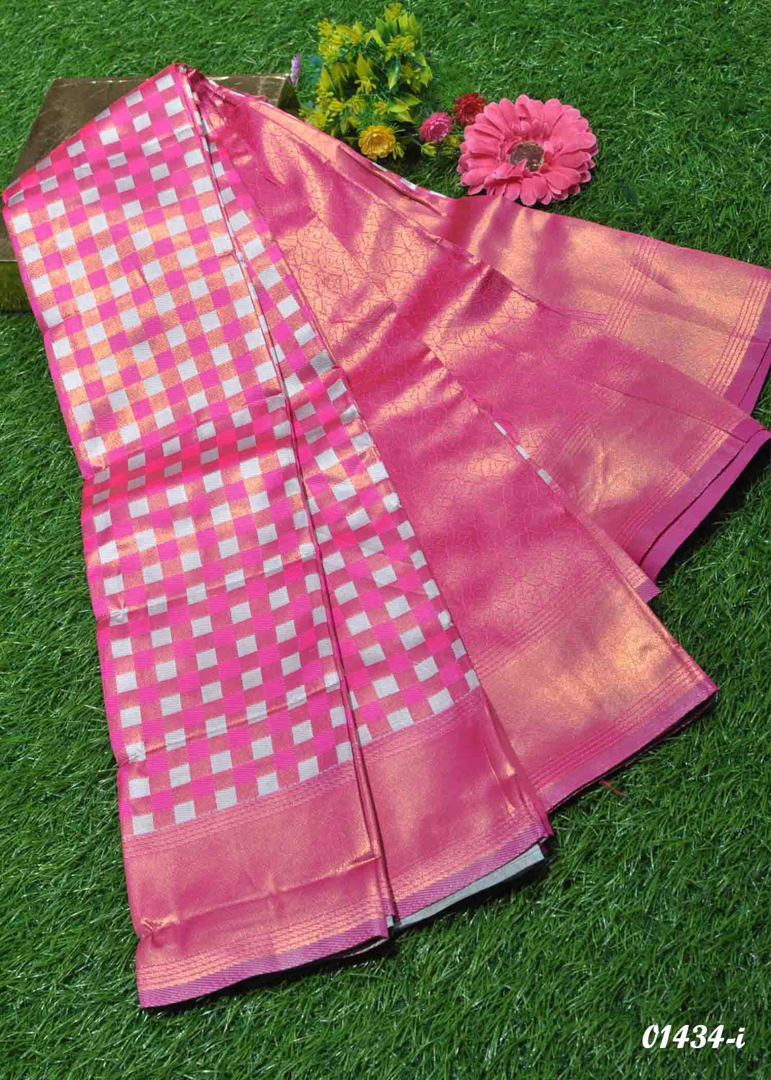 Pratipa - 01434-I Pink Color Checked Semi Banaras Sarees CM1350211 (RR2D)