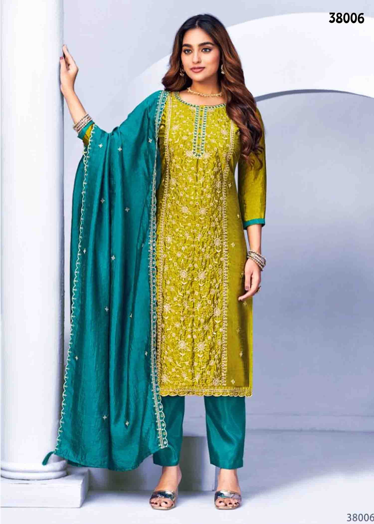 Vishnu Suroor - 38006 TeaGreen Color Traditional Look N.C. Vichitra Silk Salwar Material CM1345155