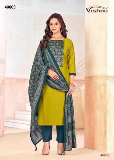 Vishnu Ajjrak - 40009  LemonGreen Color Vetican Silk Salwar Material CM1345153