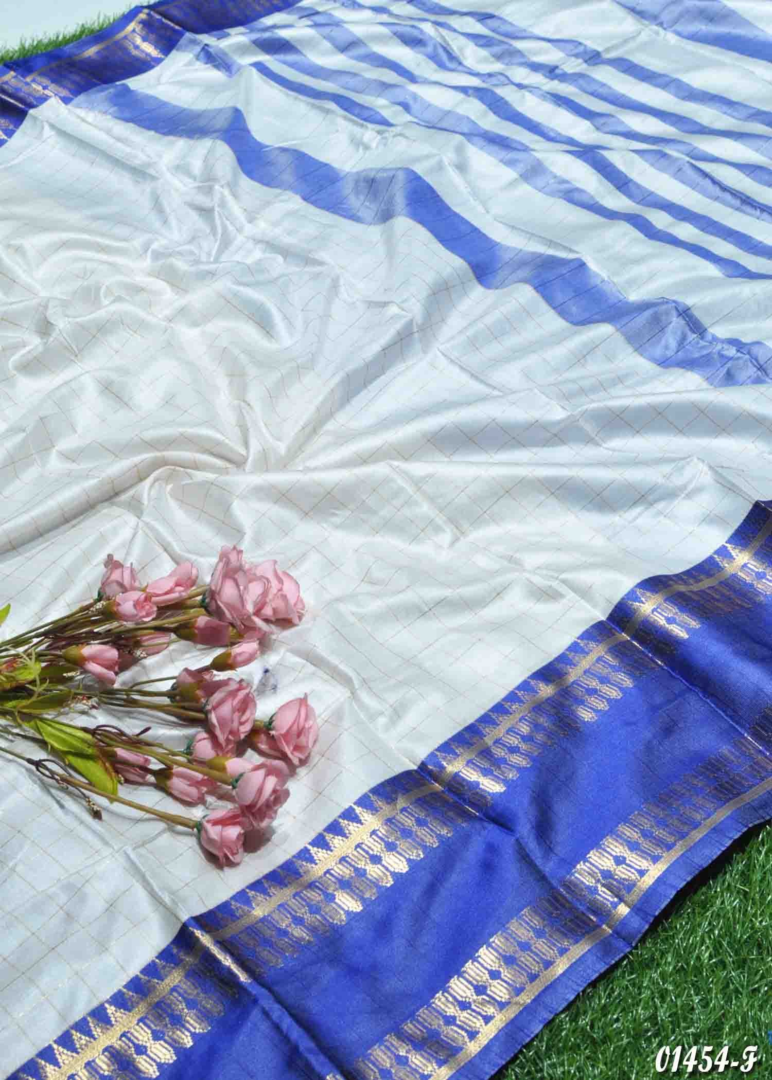 Thooriha - 01454-F White with Blue Color Semi-Banarasi Silk Saree CM1353530 (LR2C)