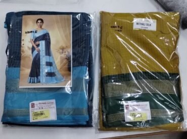 Mahes 03515-A blue and yellow checked dola silk saree CM1385417*2