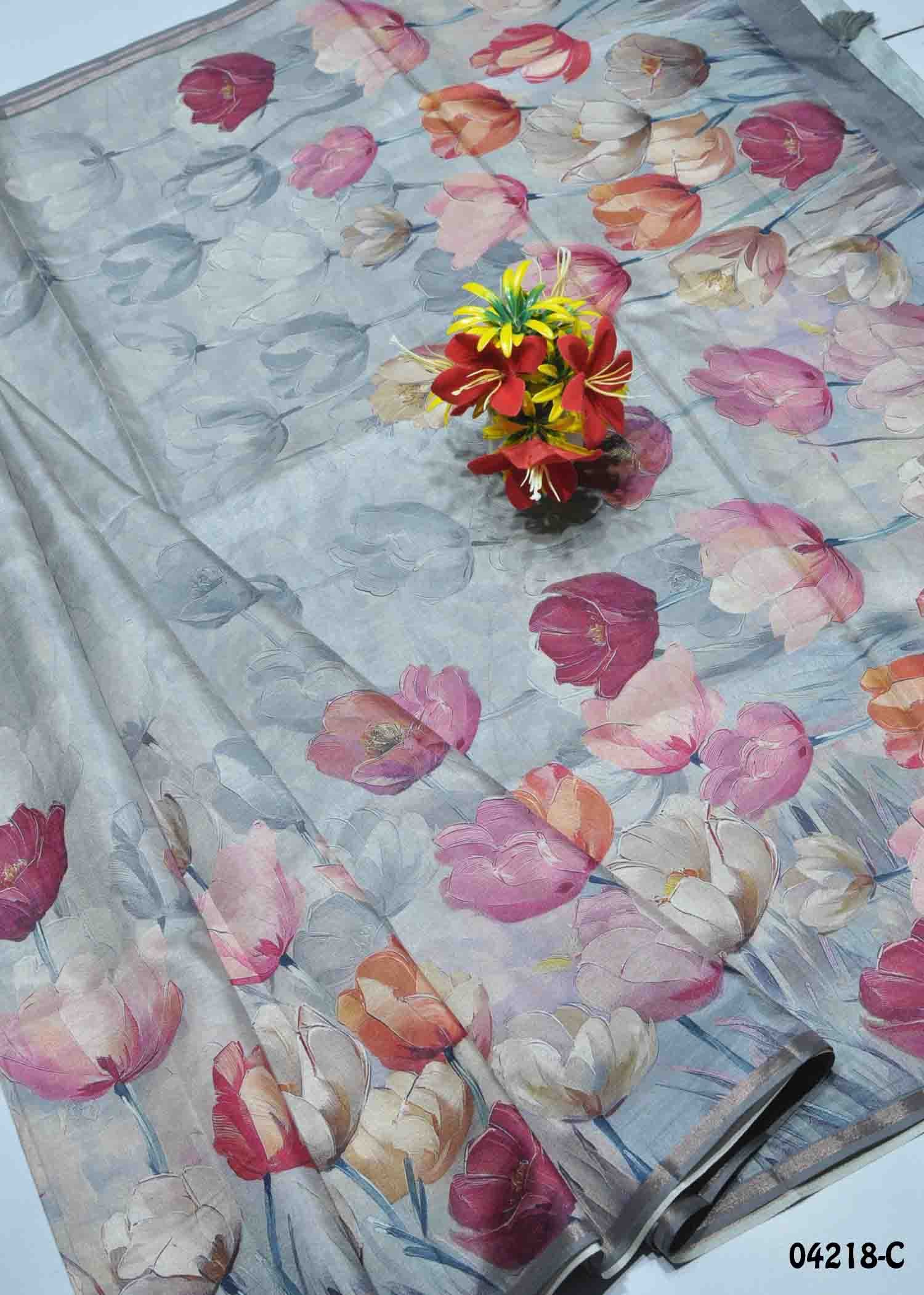 Merlin - 04218-C Grey Color Digital Tussar Silk Blend Saree CM1387122