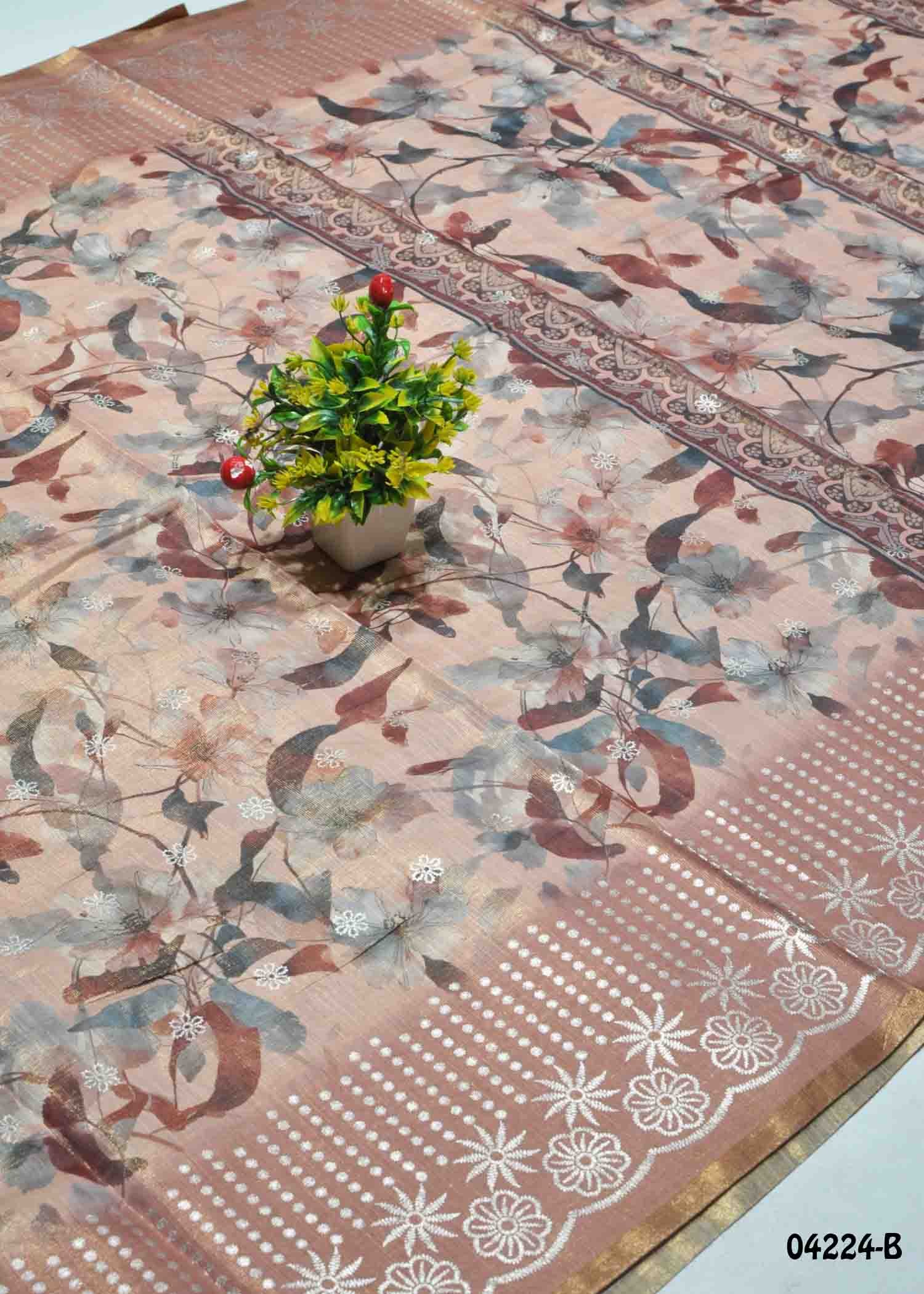 Danvanthika - 04224-B Sandal Color Cotton Tissue Saree CM1381015