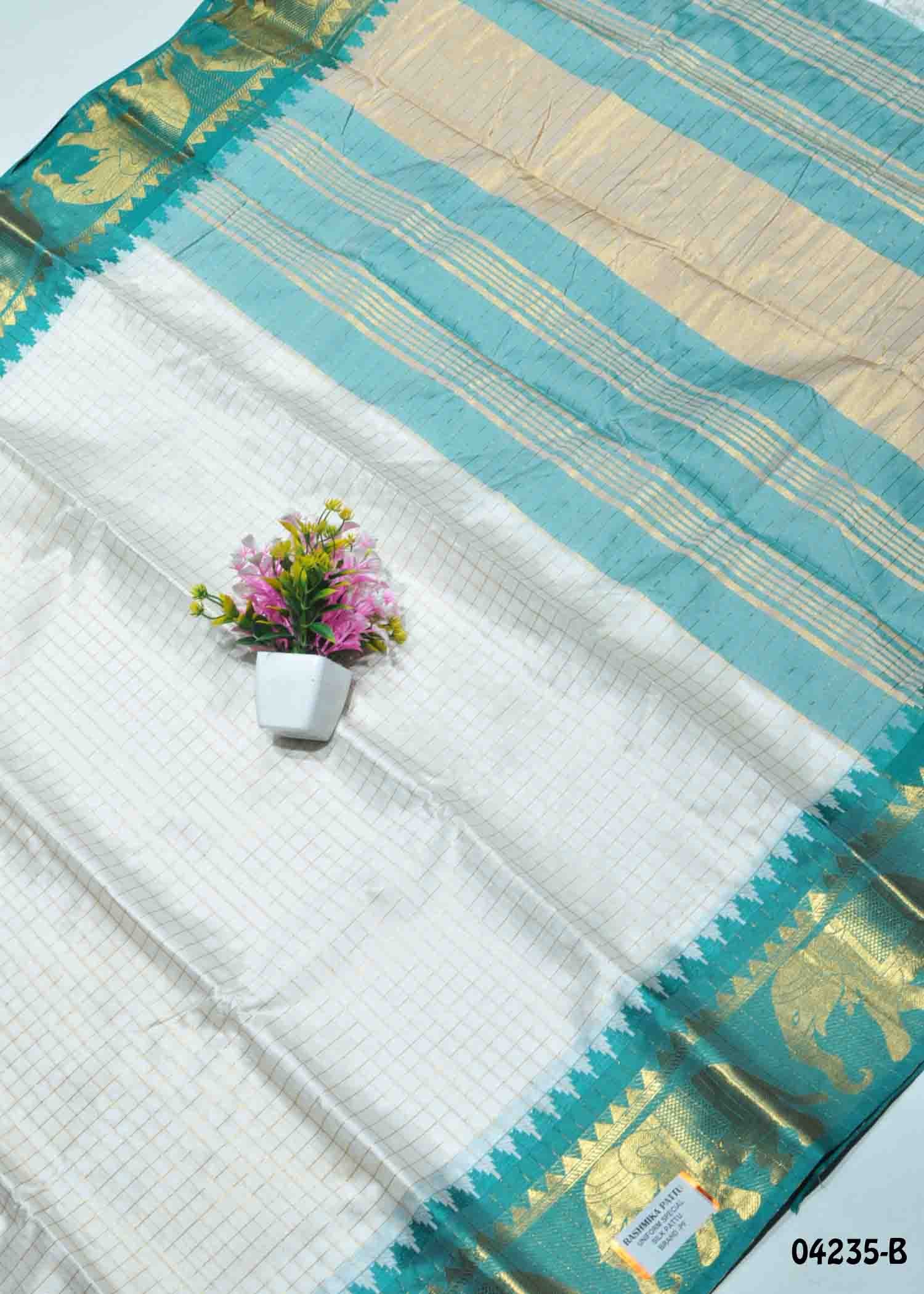 Saisha - 04235-B Halfwhite with Pinegreen Color Checked Lichi Silk Saree CM1390297