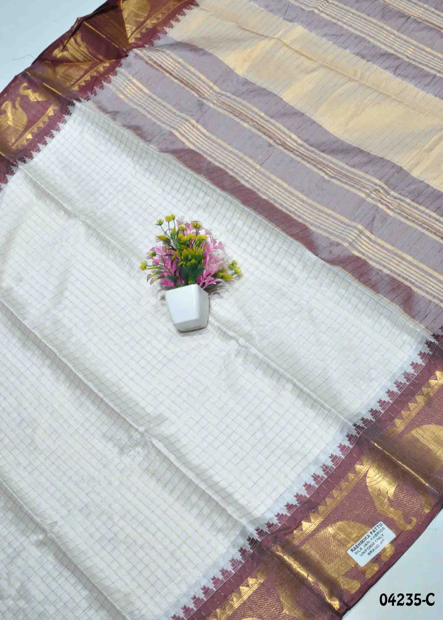 Saisha - 04235-C Halfwhite with Maroon Color Checked Lichi Silk Saree CM1390297