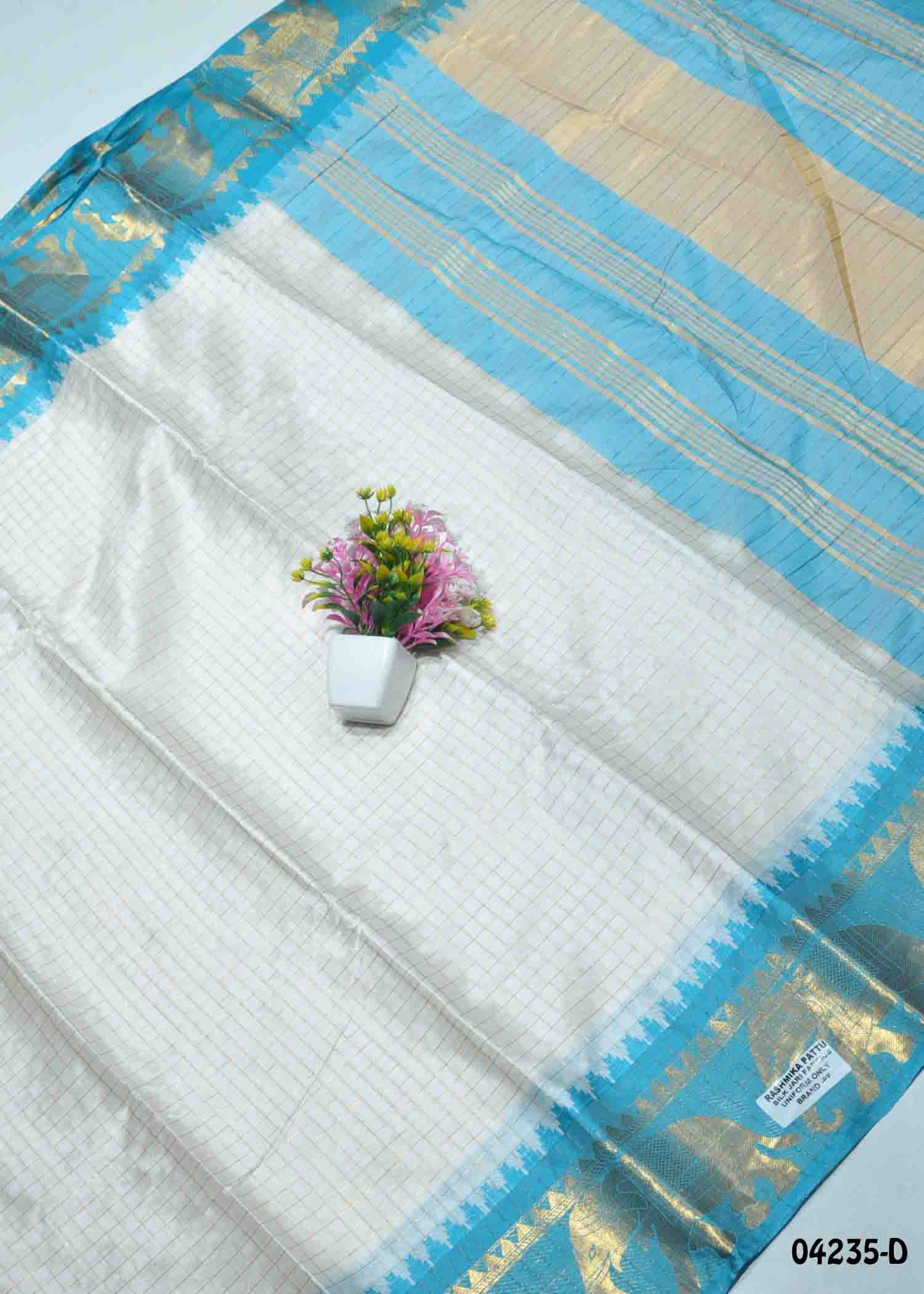 Saisha - 04235-D Halfwhite with Blue Color Checked Lichi Silk Saree CM1390297