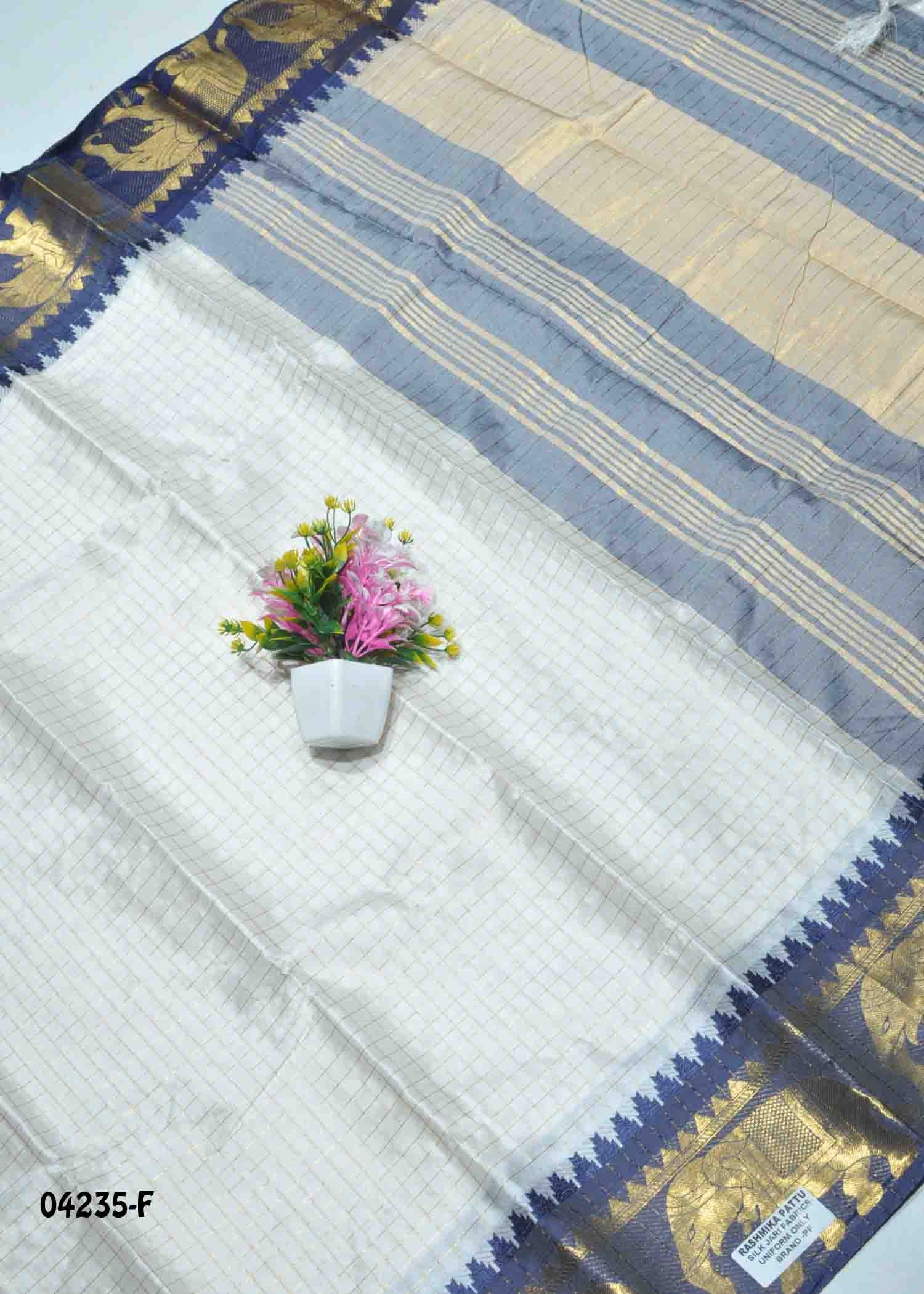 Saisha - 04235-F Halfwhite with Navy blue Color Checked Lichi Silk Saree CM1390297