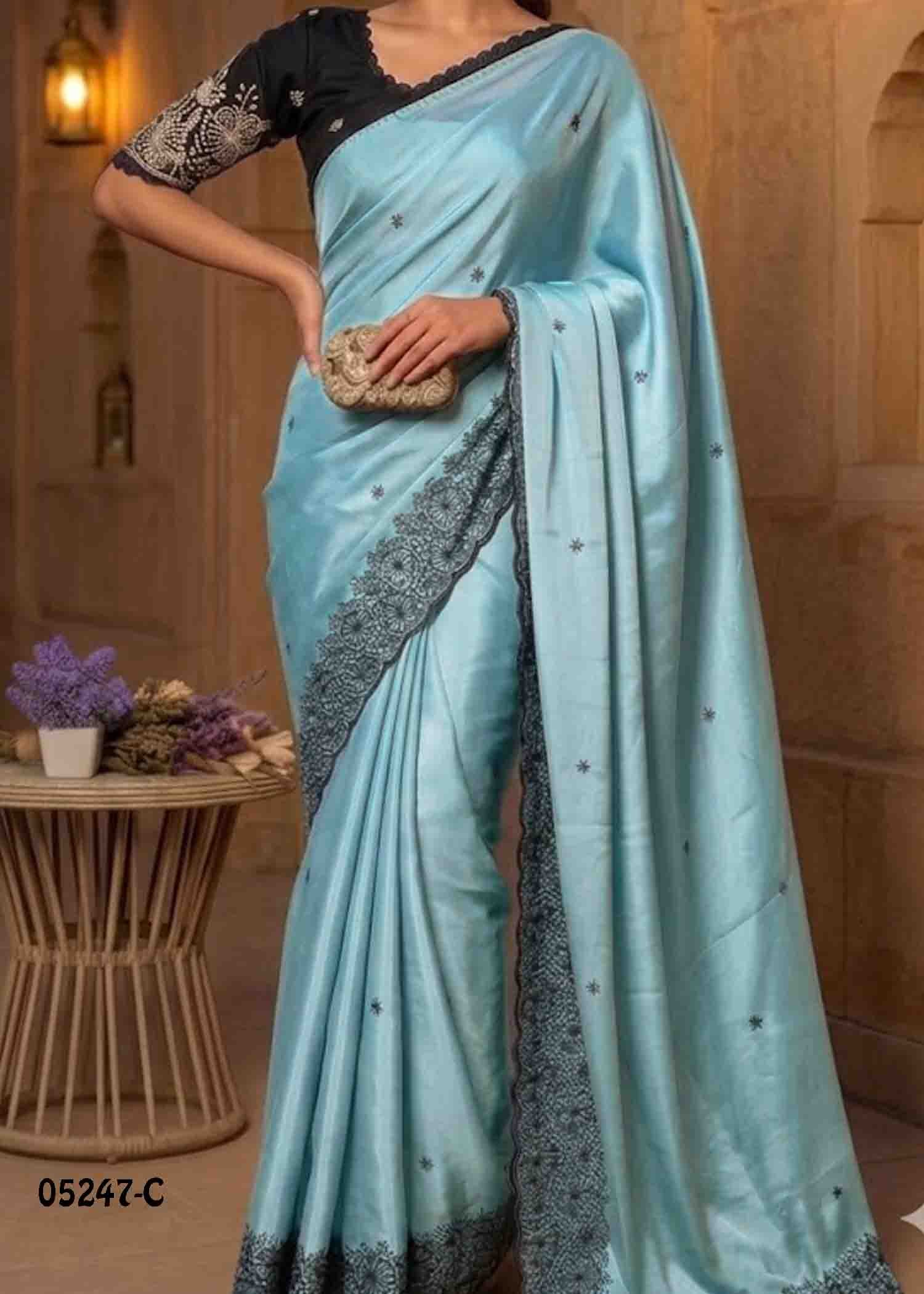 Thamarai - 05247-C LightBlue Color Designer Black Rangoli Saree CM1398289 (RR3C)