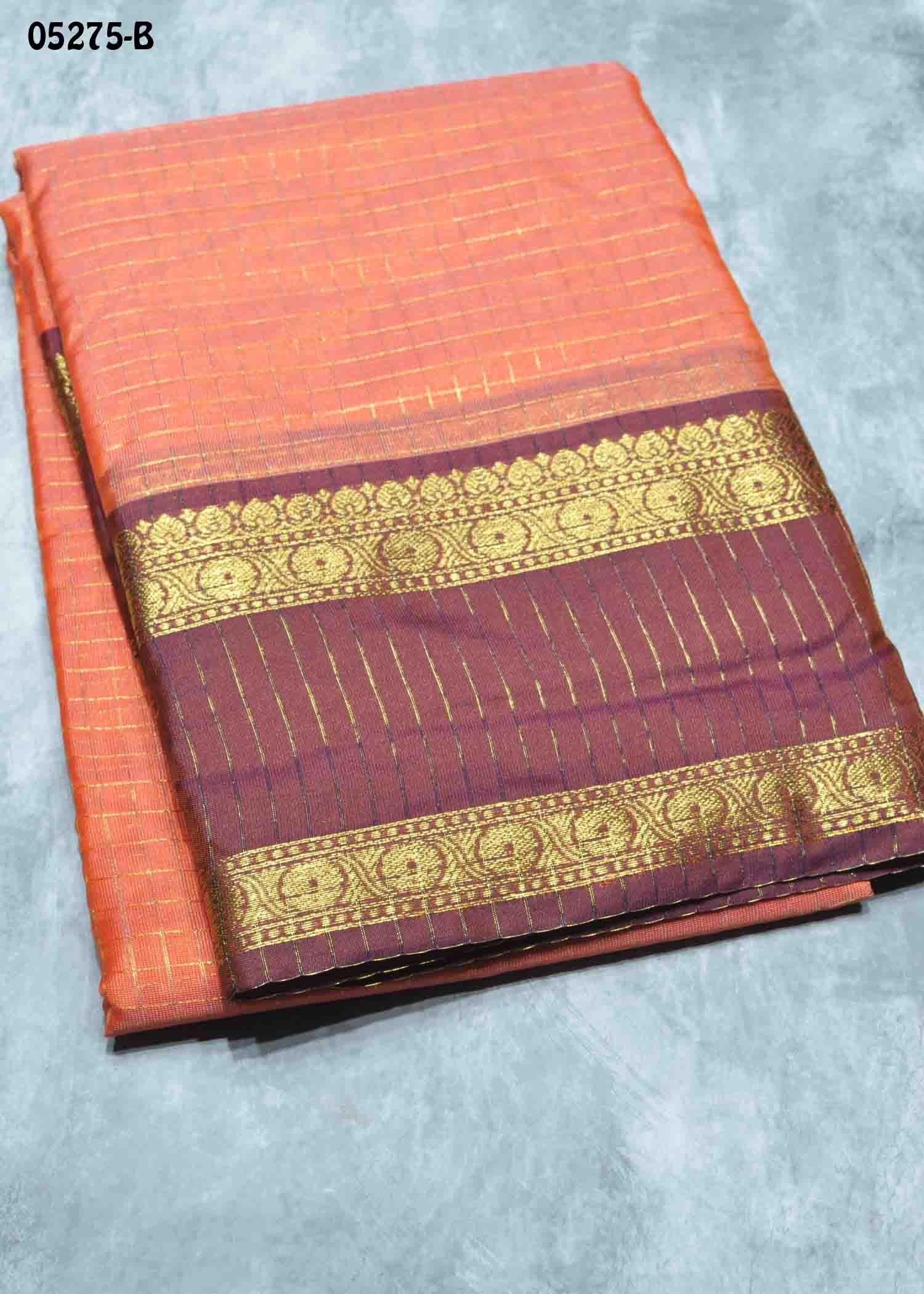 Pranavika - 05275-F CoralOrange Color Checked Cora Silk Saree CM1410101 (RR5D)