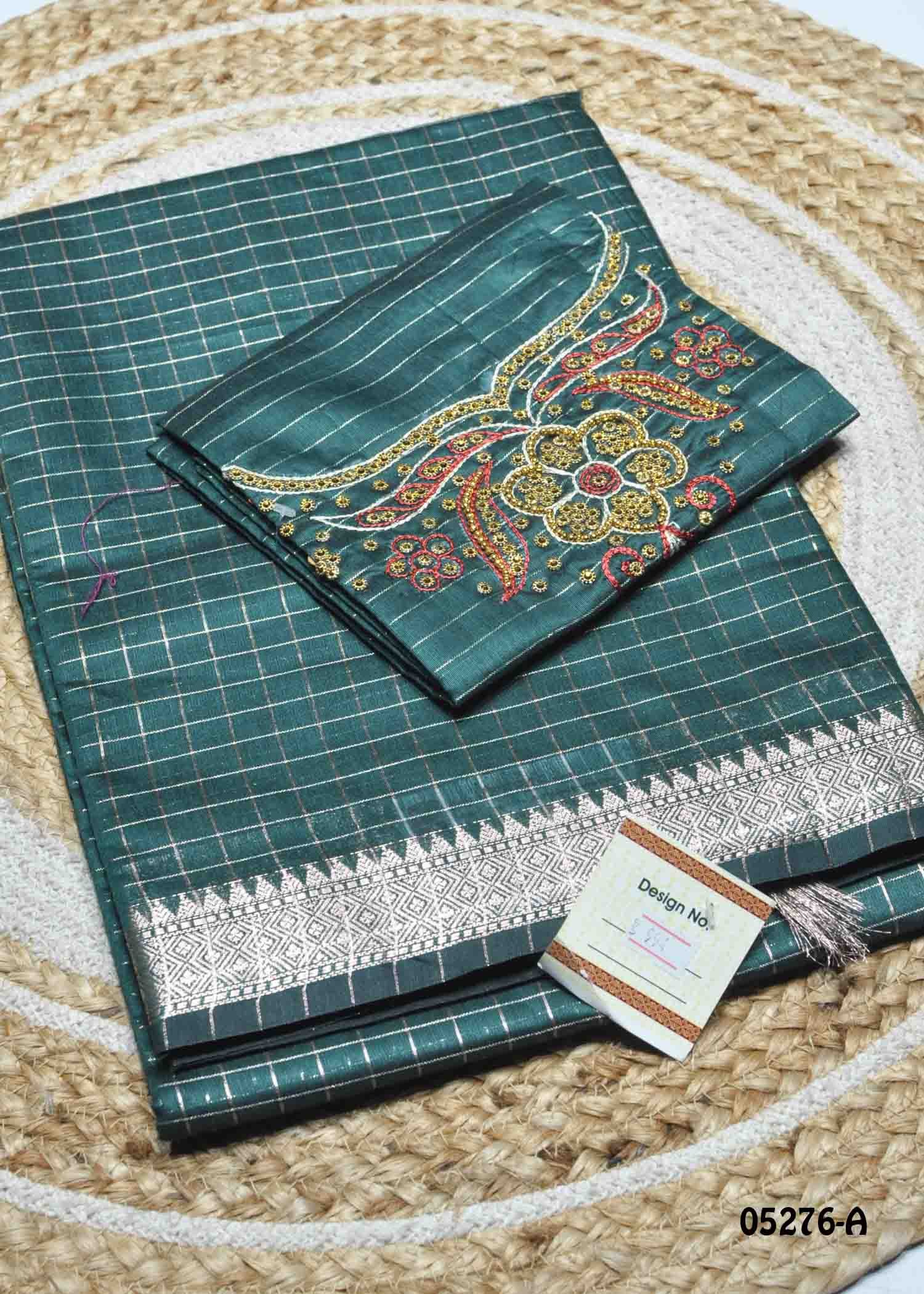 Yamini - 05276-A PineGreen Color Checked Chanderi Silk Saree CM1408365 (RR5D)