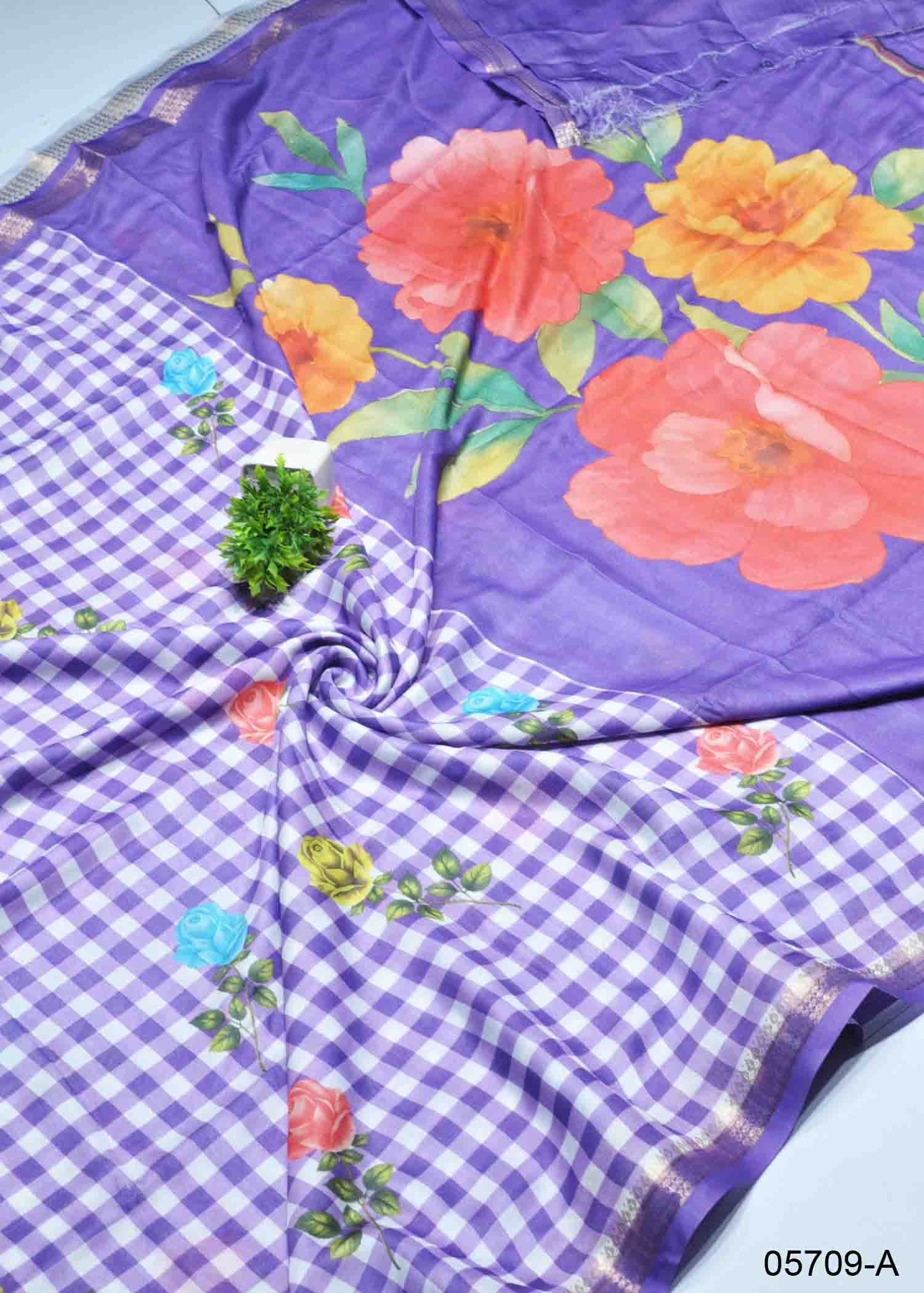 Anusha - 05709-A Lavander Color Trendy Checked Design Moss Chiffon Saree CM1395232 (RR2B)