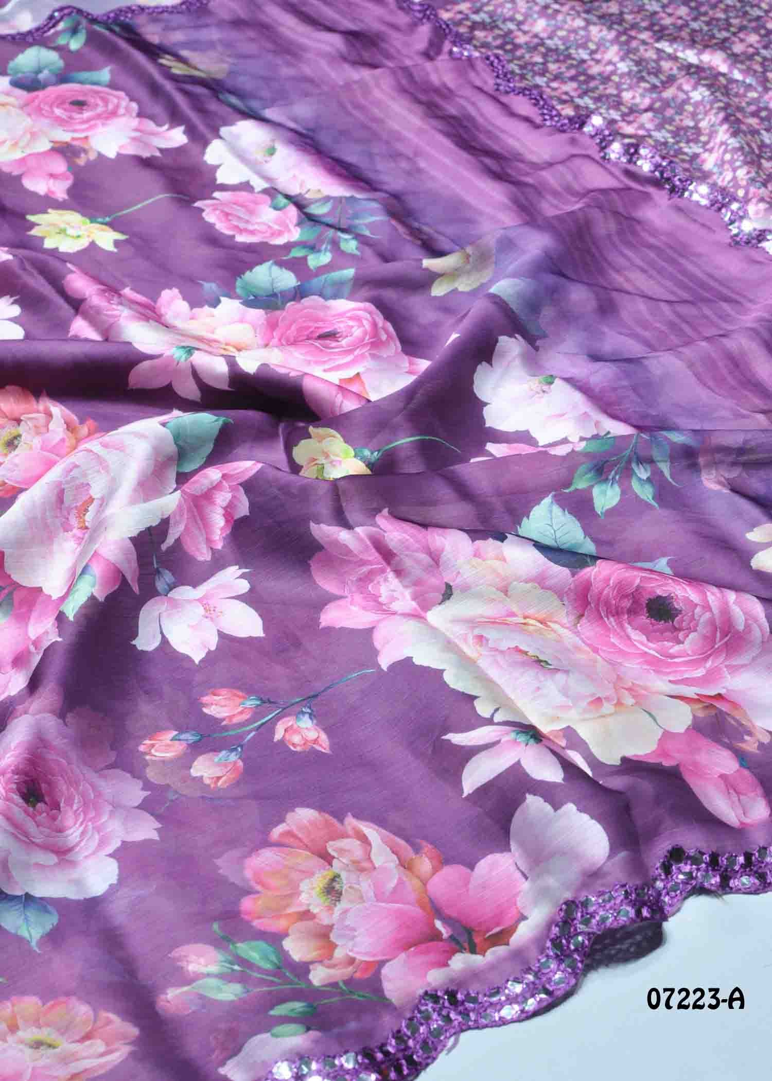 Cindrella - 07223-A MauvePurple Color Trendy Garden Chiffon Saree CM1425947 (LR3C)