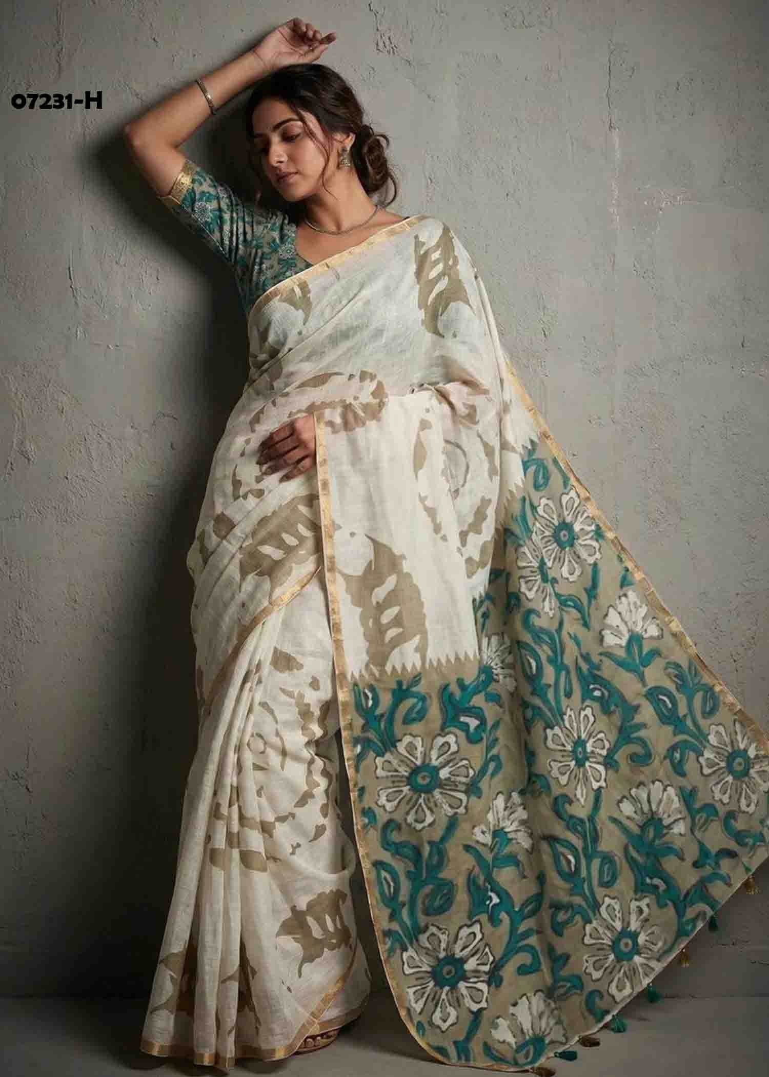 Ruhika - 07231-H White Color Trendy Linen Cotton Saree CM1428268 (LR3B)
