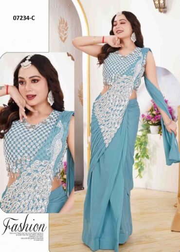 Olivia - 07232-C SkyBlue Color Choli/Ready To Wear Georgatte Fabric With Embroidery Beats & Sequance Wok CM1431729