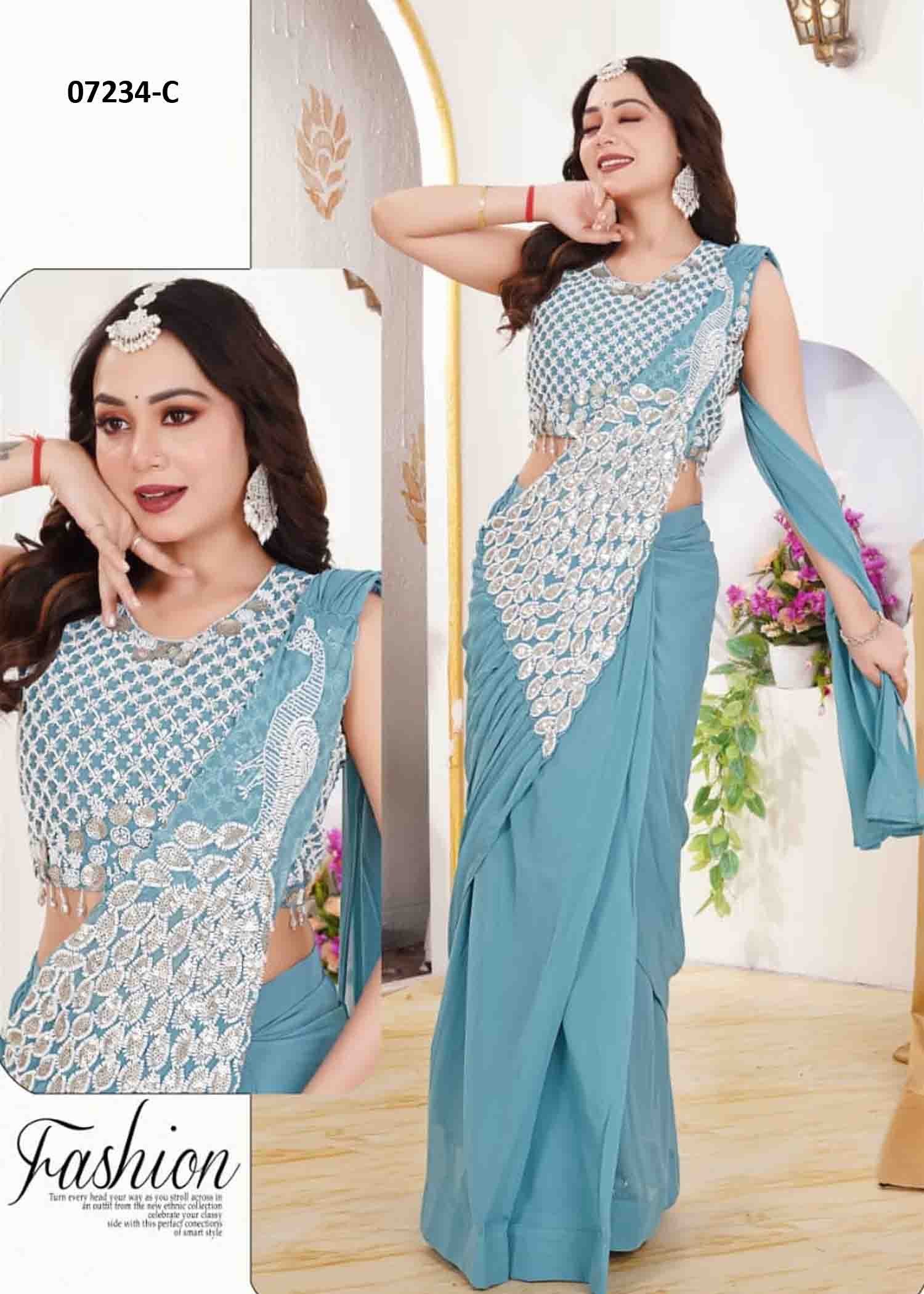 Olivia - 07232-C SkyBlue Color Choli/Ready To Wear Georgatte Fabric With Embroidery Beats & Sequance Wok CM1431729