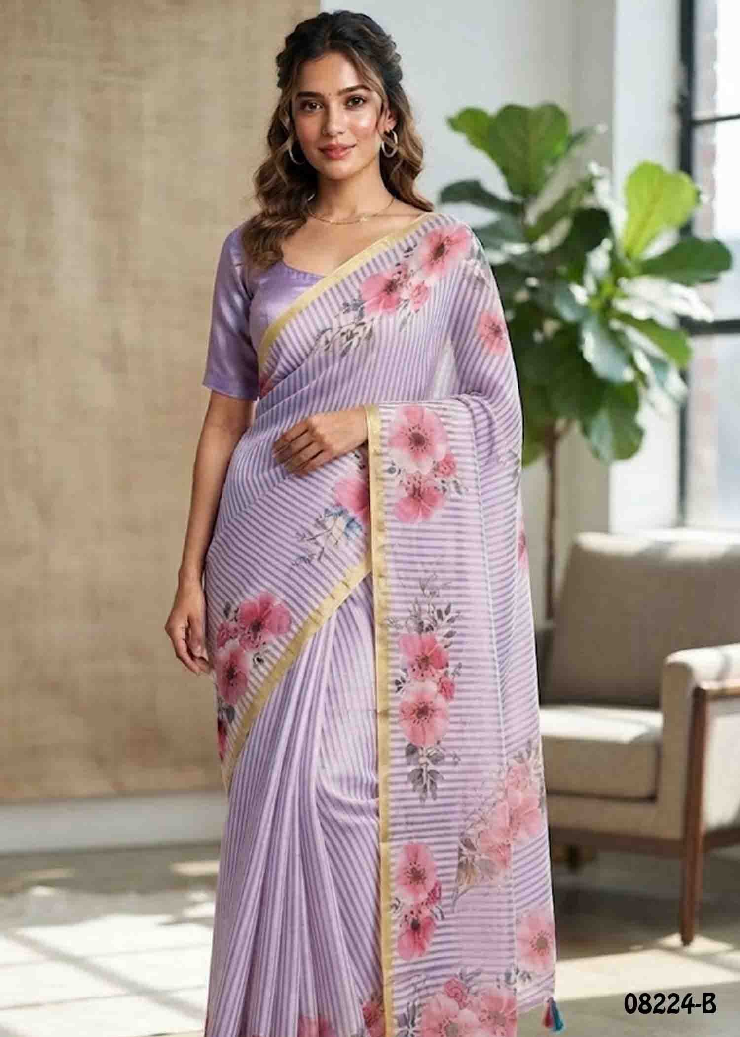 Thoosika - 08224-B Lavender Color Trendy Linen Saree CM1445882 (LR4C)