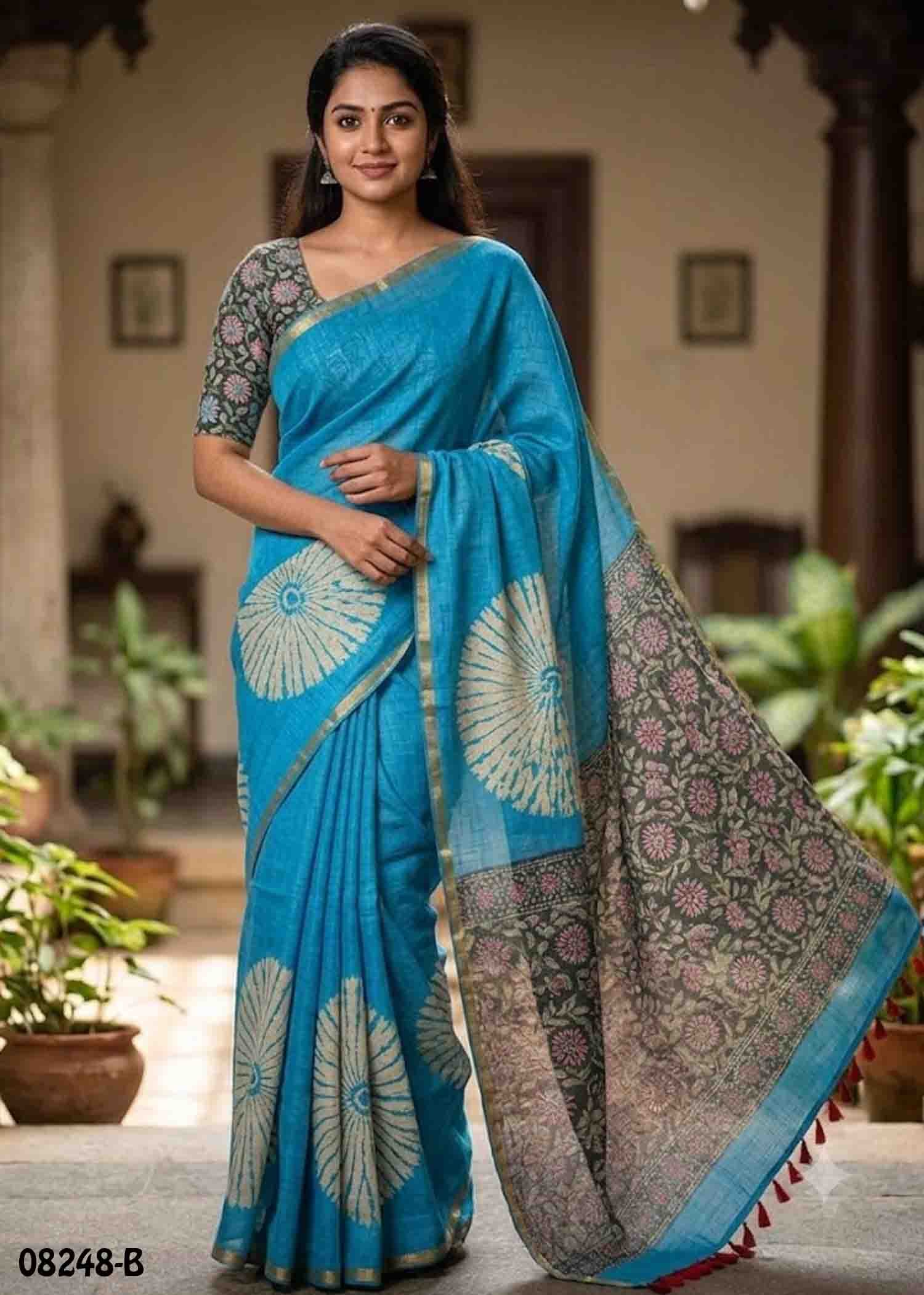Harini- 08248-B Skyblue Color Trendy Linen Cotton Saree CM1443577 (RR3D)
