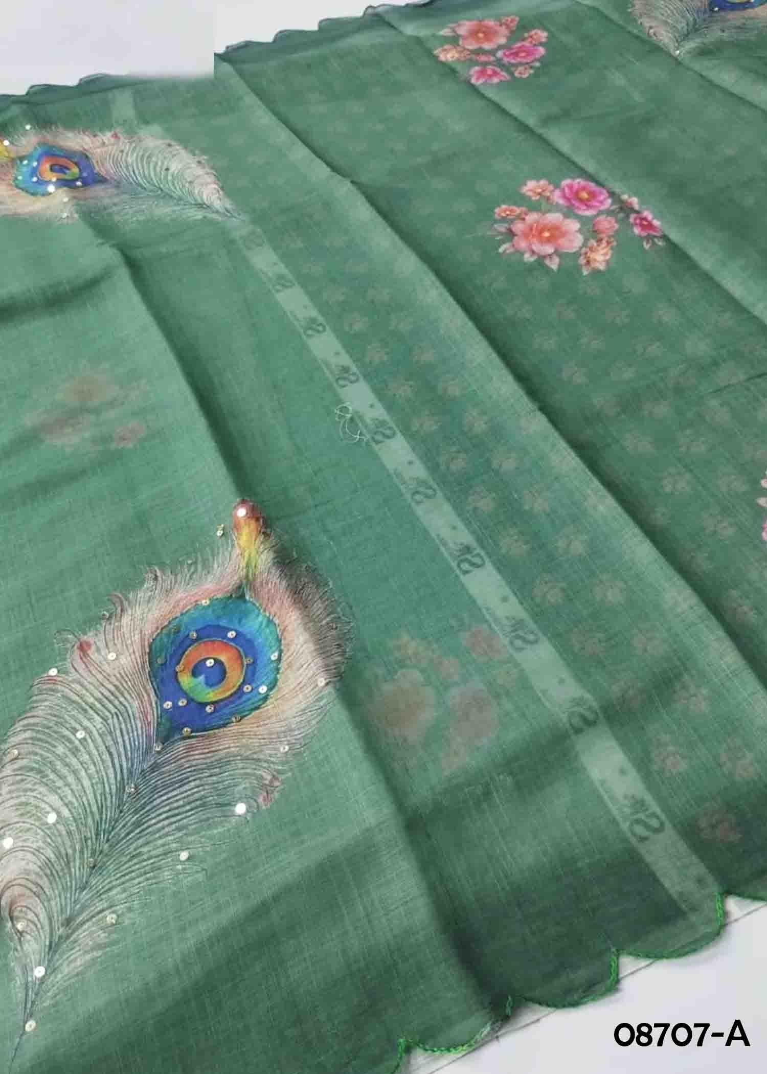 Kavitha - 08707-A Green Color Trendy Linen Saree CM1407335 (RR1E)