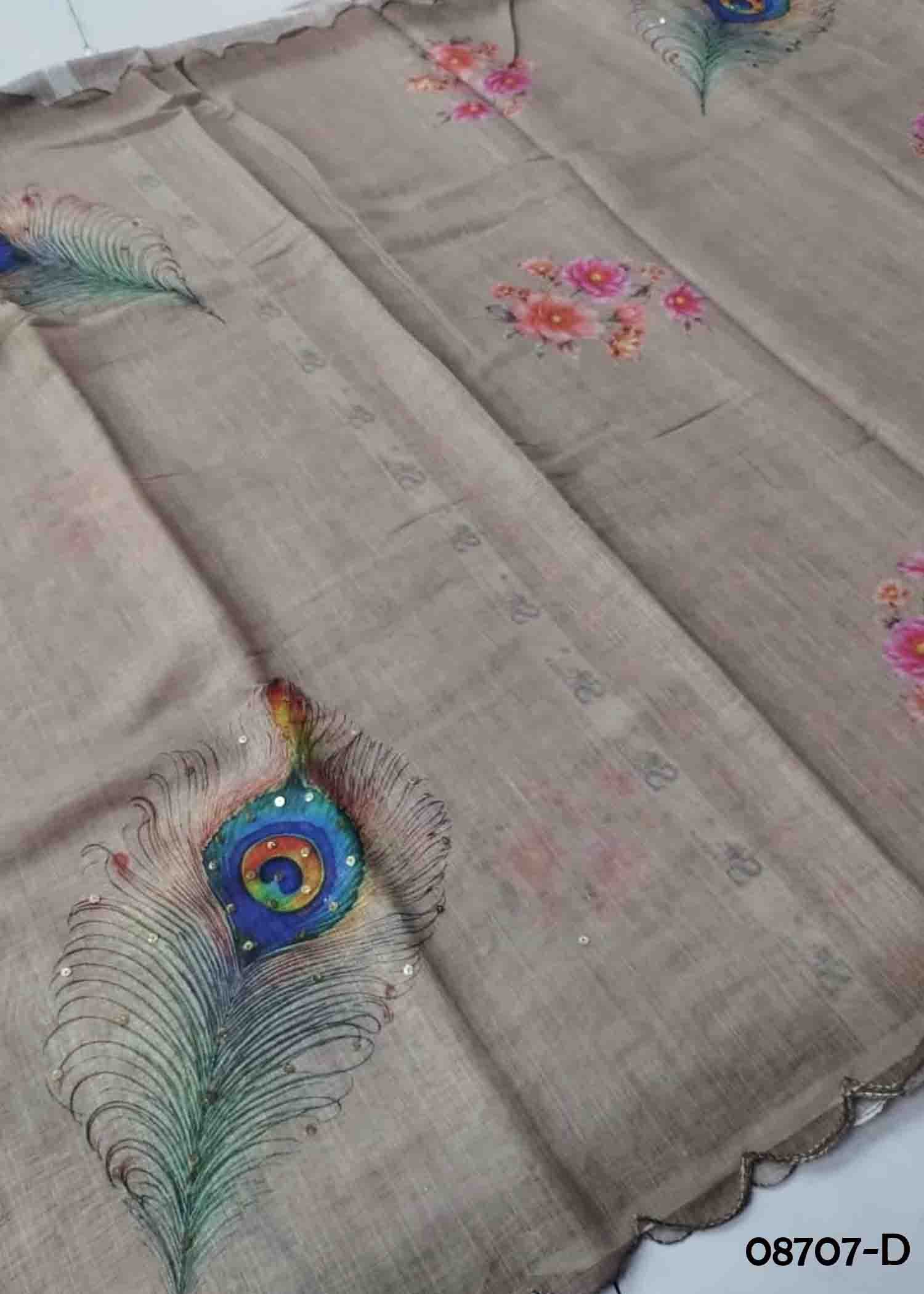 Kavitha - 08707-D Tan Color Trendy Linen Saree CM1407335 (RR1E)