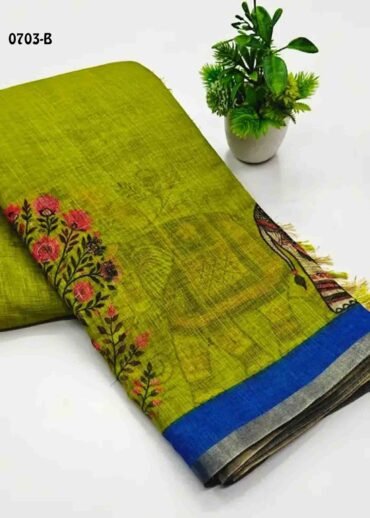 Saisrinika -0703-B Olivegreen Color Trendy  Linen Cotton Saree CM1416738  (LR3C)