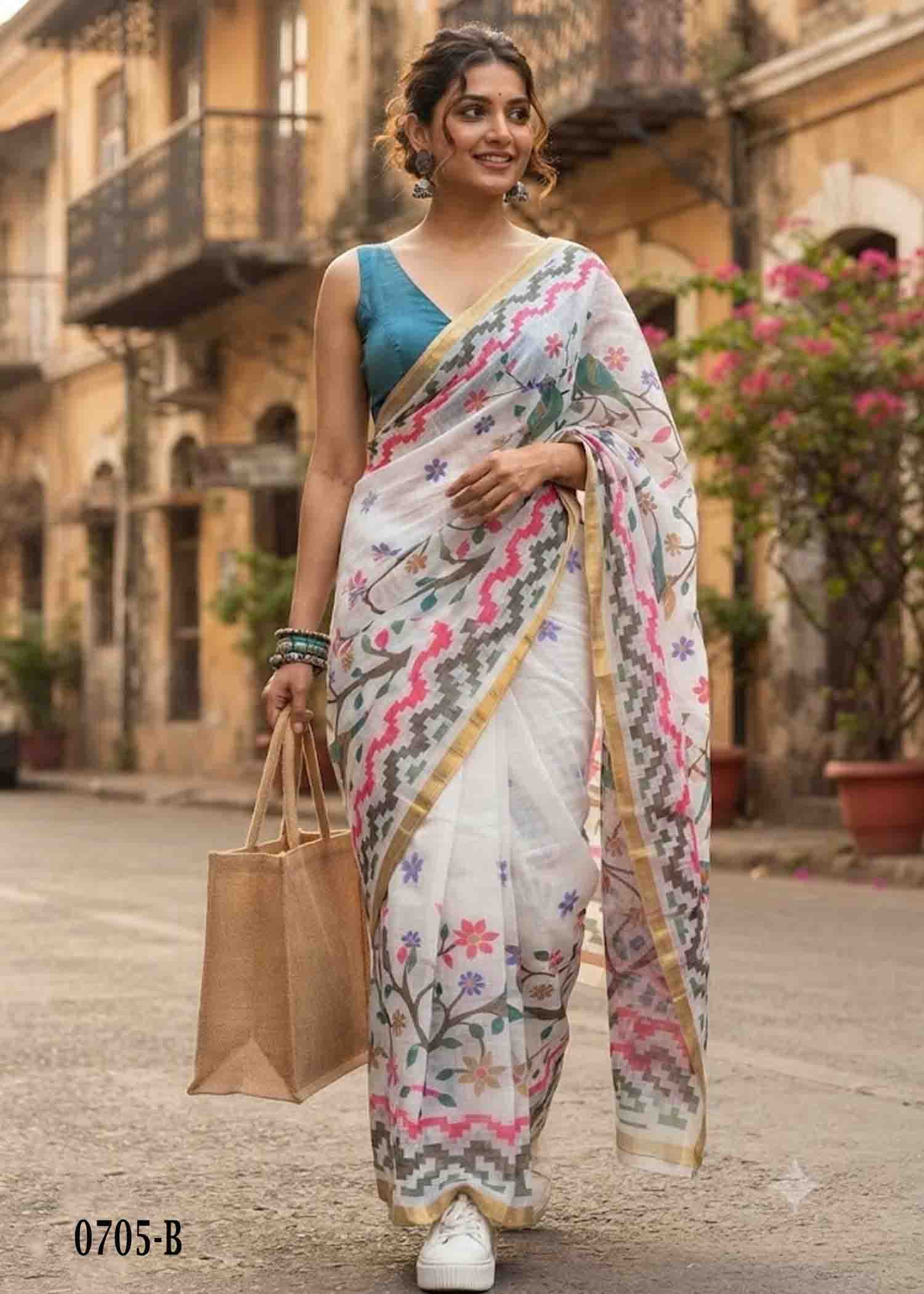 Sainisha -0705-B Halfwhite Color Trendy Linen Cotton Saree CM1423303 (LR3C)