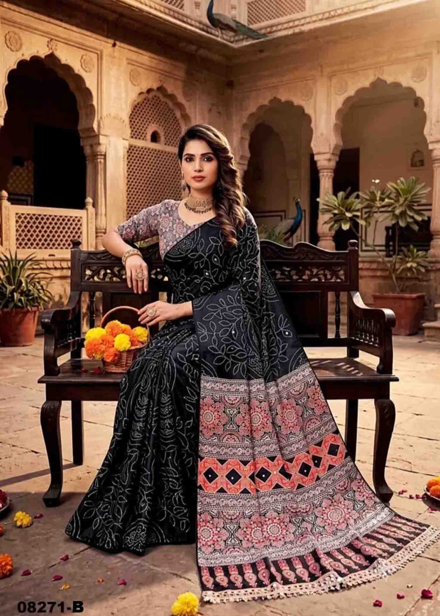 Rashmika - 08271-B Black Color Ajrakh Print Chinon Crepe Silk Saree CM1467569