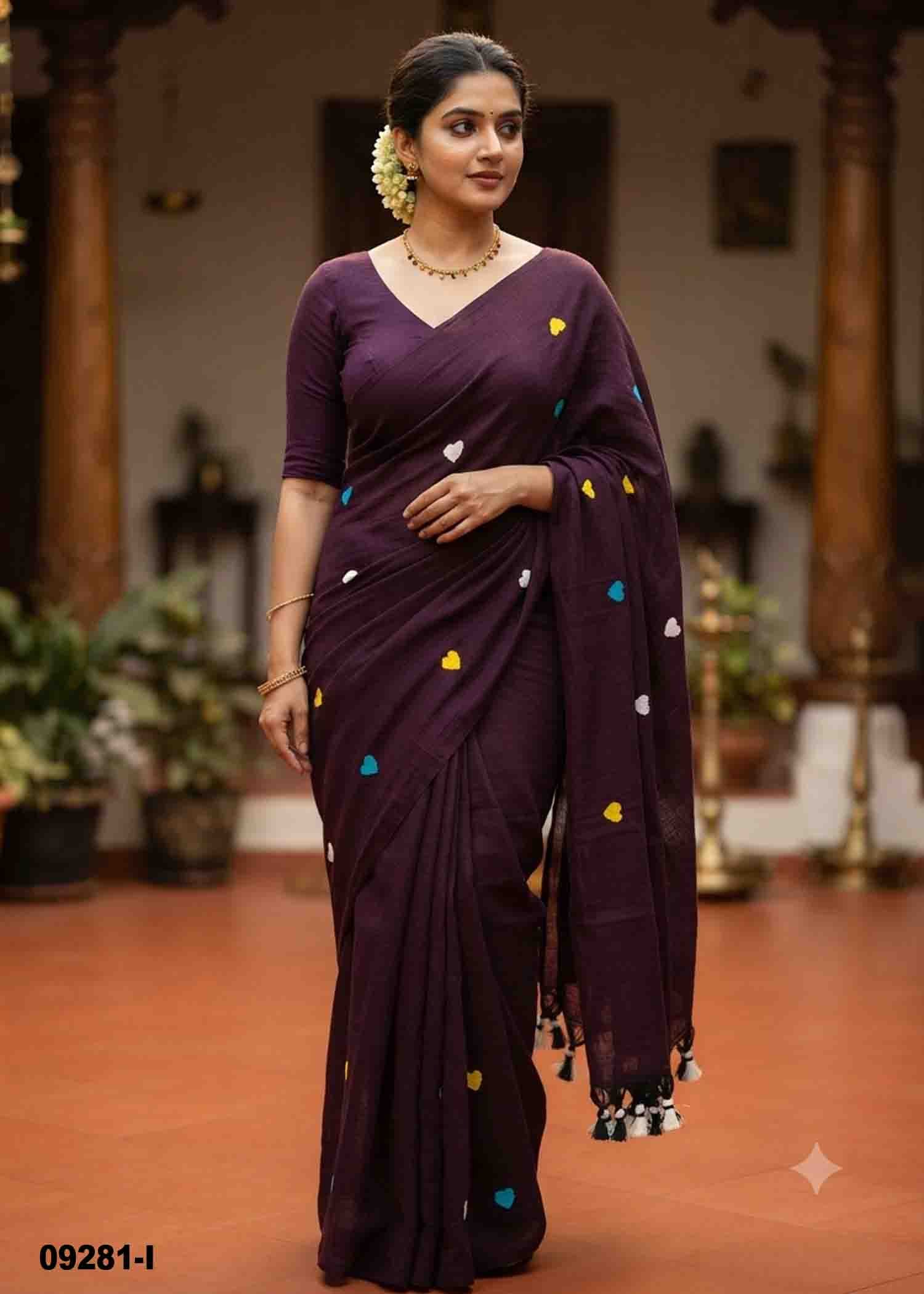 Magizhini -09281-I DarkPurple Color Trendy Handloom Cotton Saree CM1449017 (RR3B)