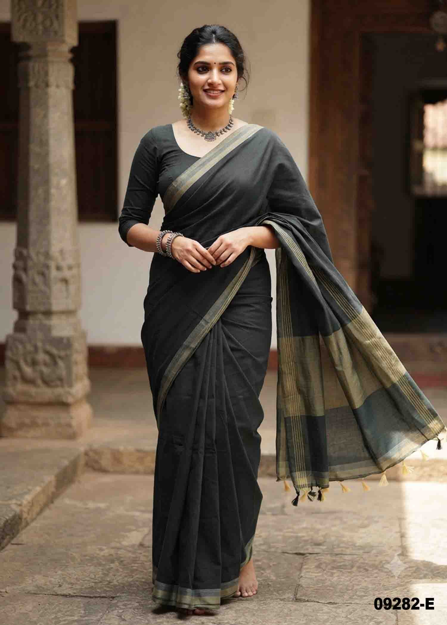 Aliya -09282-E Black Color Trendy Handloom Cotton Saree CM1470308 (RR3B)