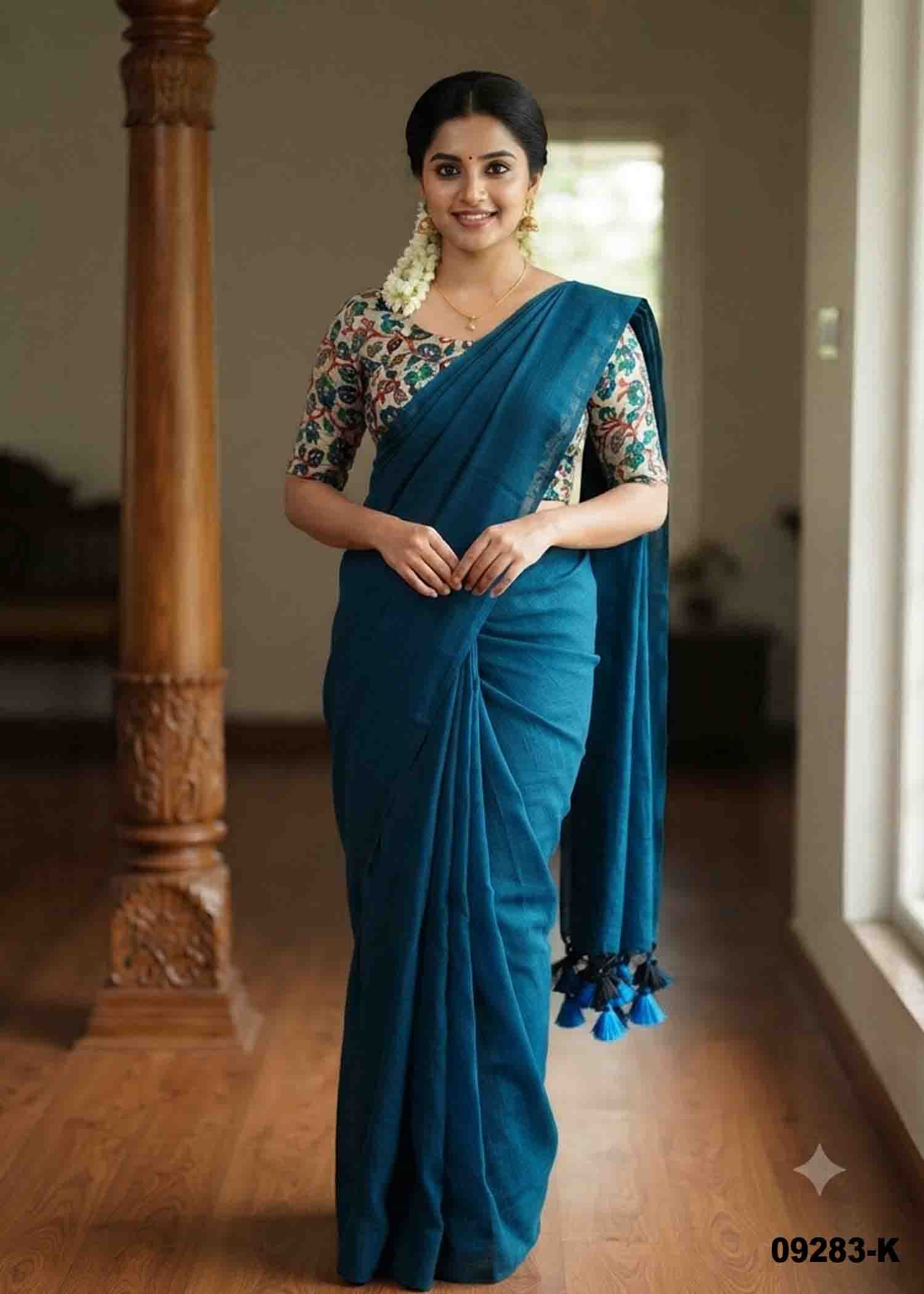 Priyadarshini -09283-K PeacockBlue Color Trendy Handloom Cotton Saree CM1452081 (RR3E)