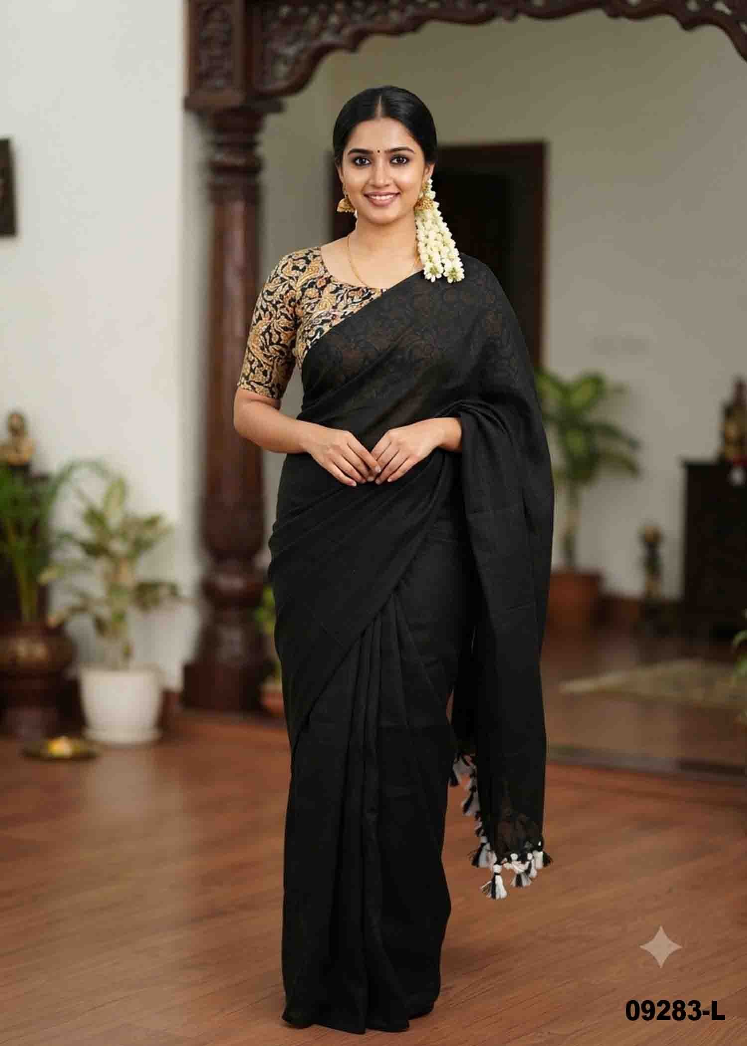 Priyadarshini -09283-L Black Color Trendy Handloom Cotton Saree CM1452081 (RR3E)