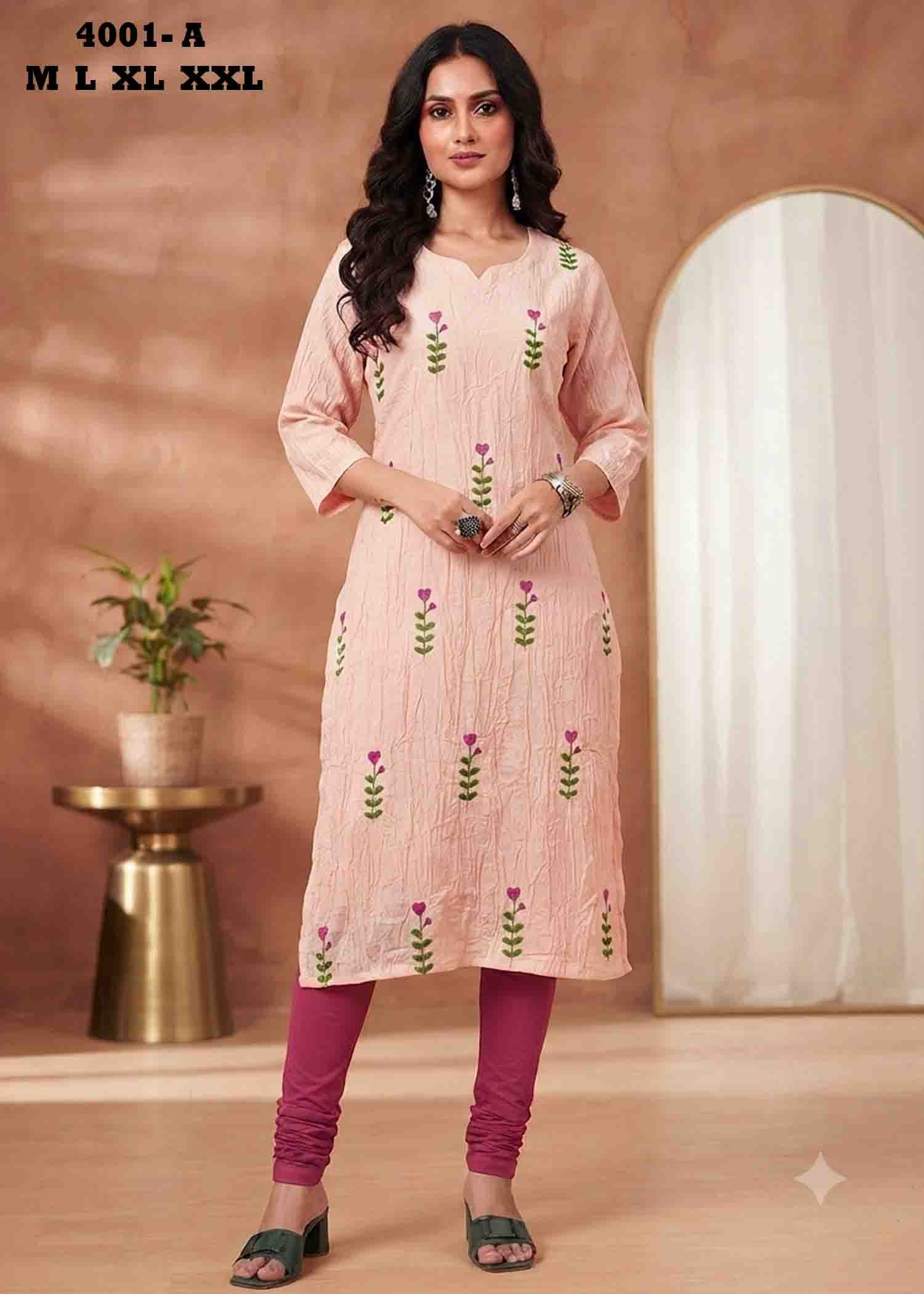 Kanishka - 4001-A Peach Color Readymade Vertican Crush Kurti CM1458677 (RR5C)