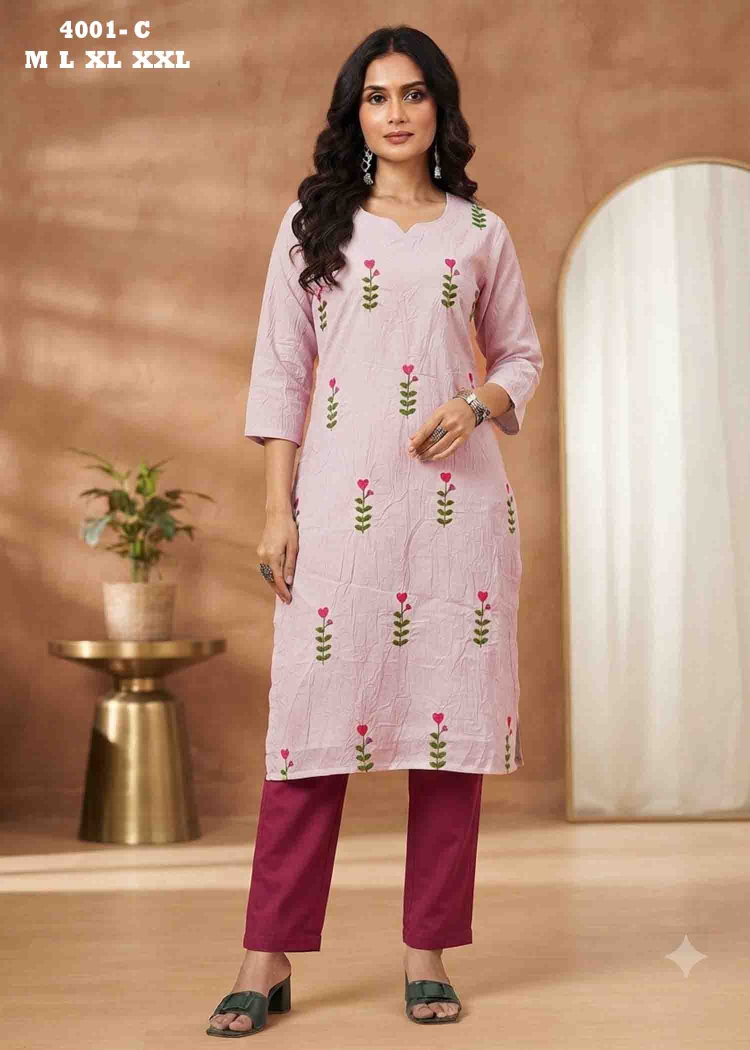 Kanishka - 4001-C PiggyPink Color Readymade Vertican Crush Kurti CM1458677 (RR5C)