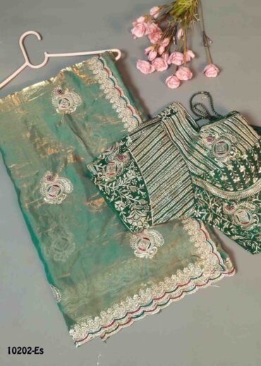 Hakshitha -10202-E  SageGreen Color Designer Work Space Silk Saree With Free Size Readymade Blouse CM1494585