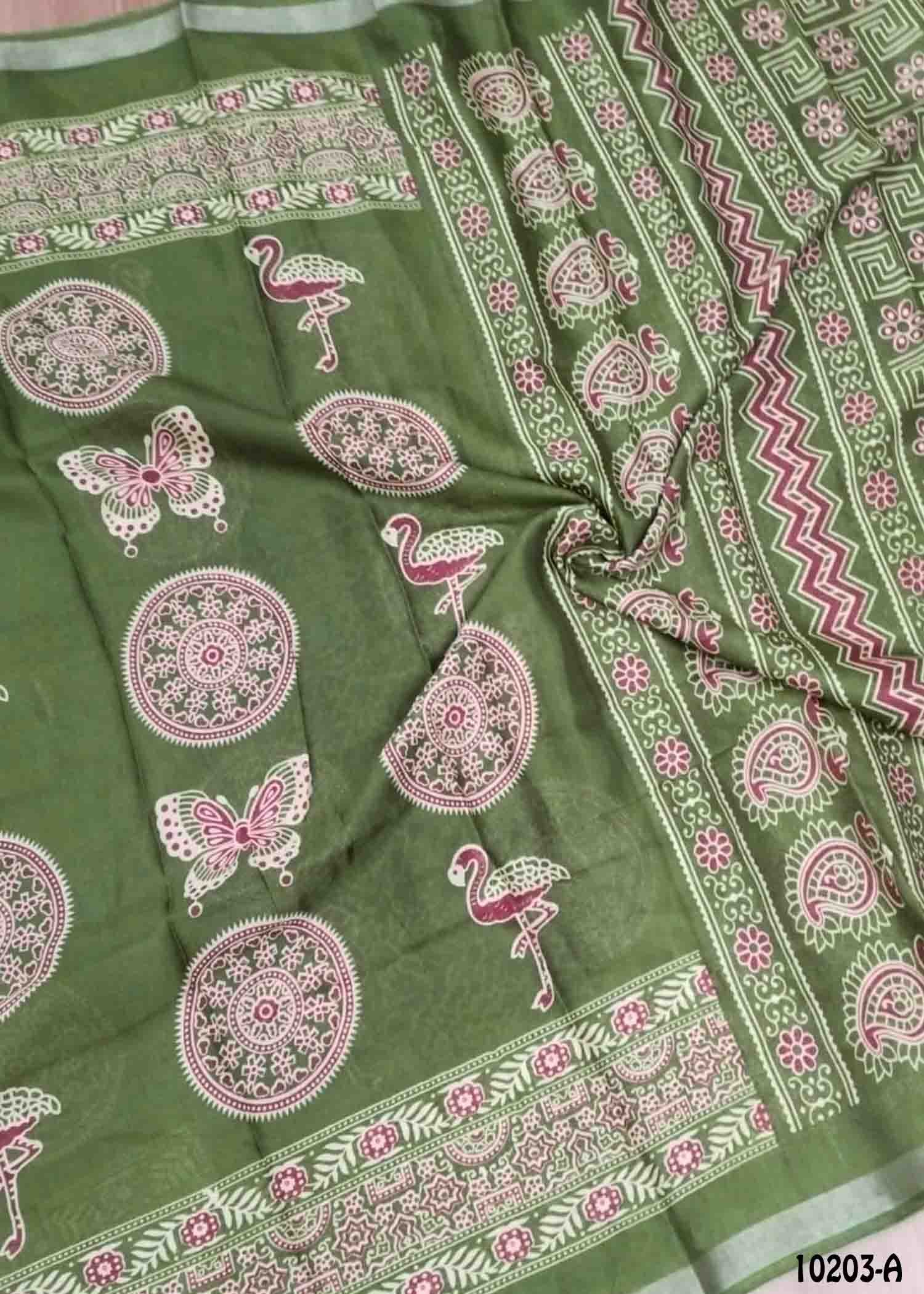 Poornima -10203-A OliveGreen Color Kalamkari Print Mixed Cotton Saree CM1480333 (LR1C)