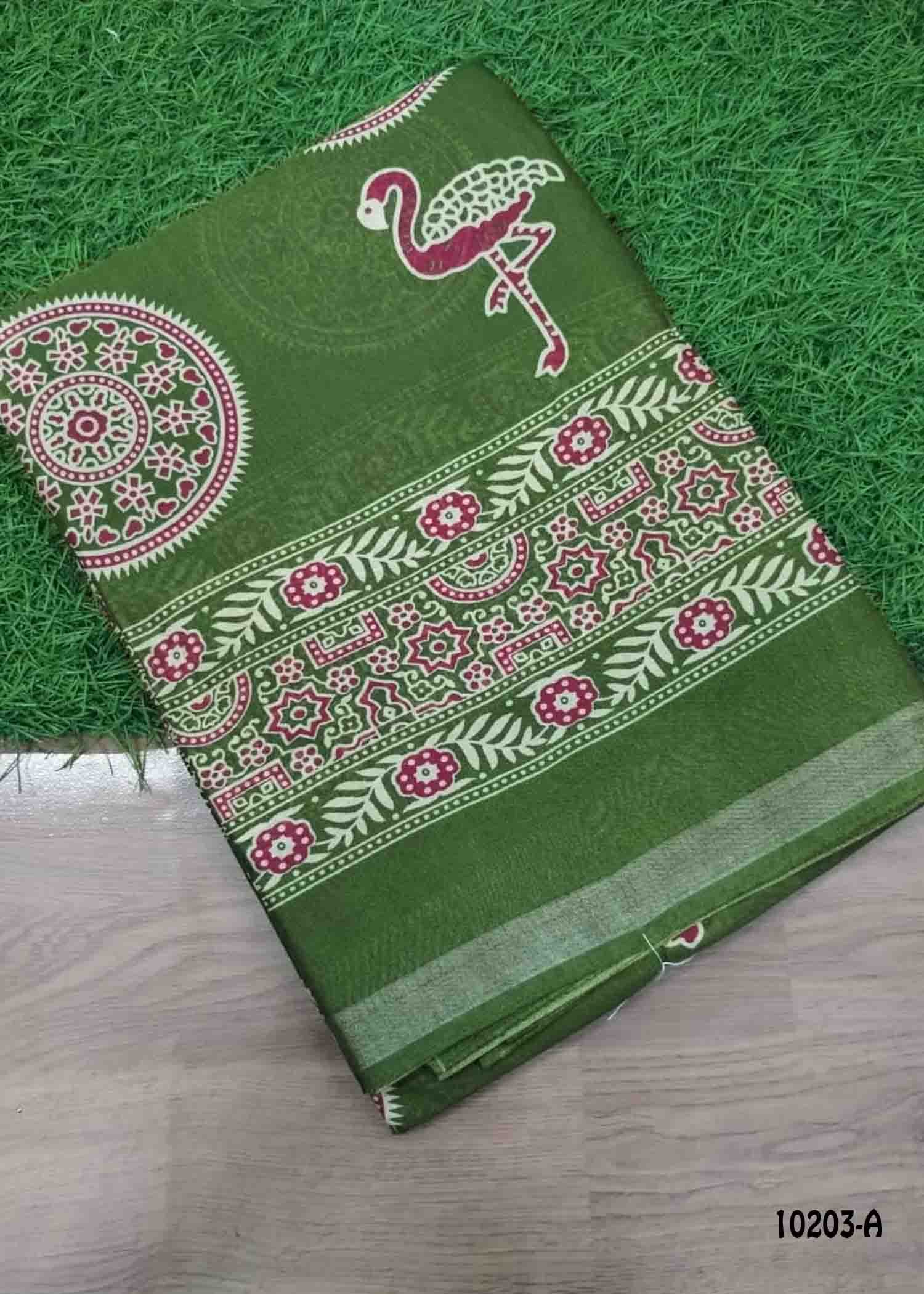 Poornima -10203-A OliveGreen Color Kalamkari Print Mixed Cotton Saree CM1480333 (LR1C)