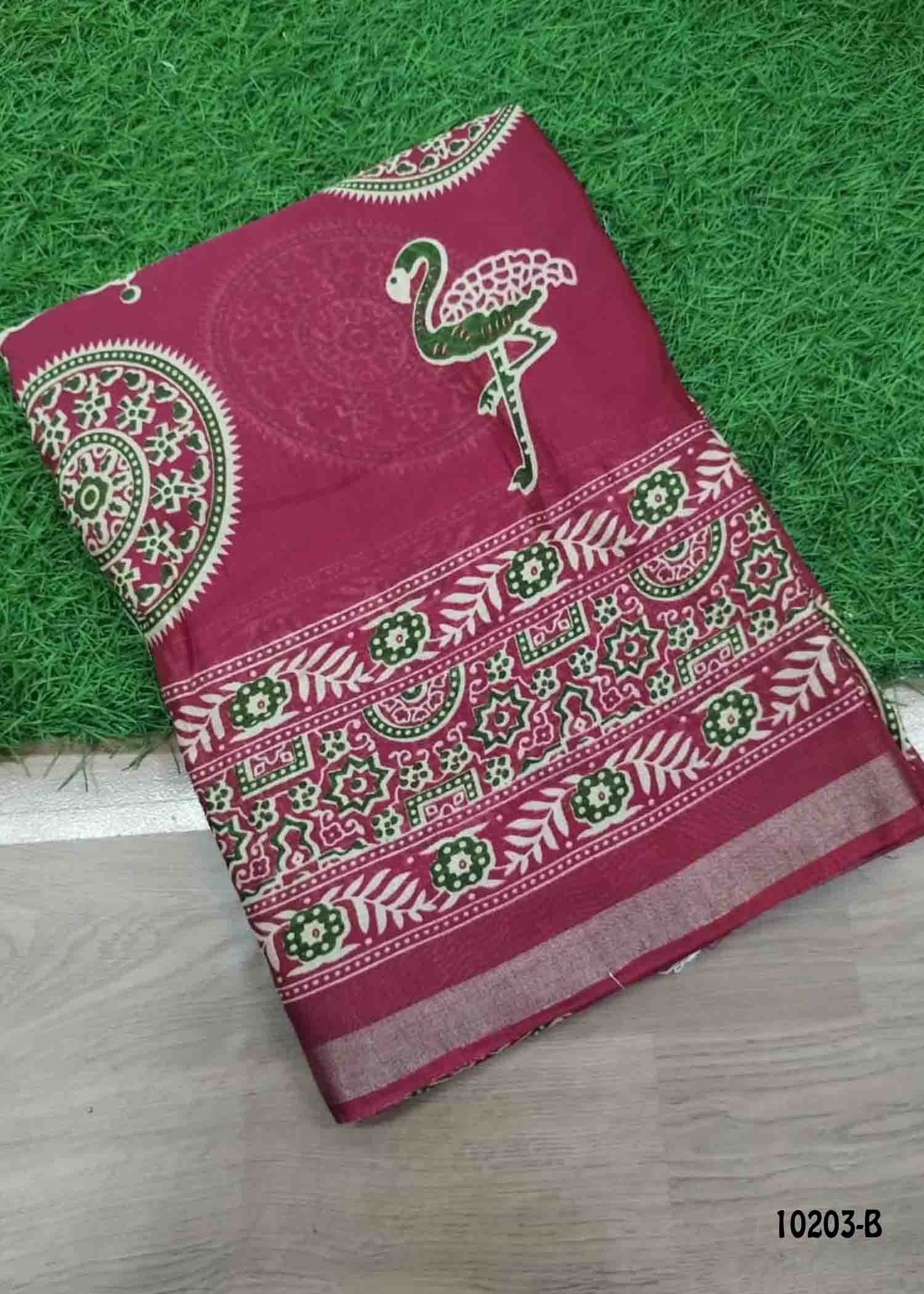 Poornima -10203-B DarkPink Color Kalamkari Print Mixed Cotton Saree CM1480333 (LR1C)