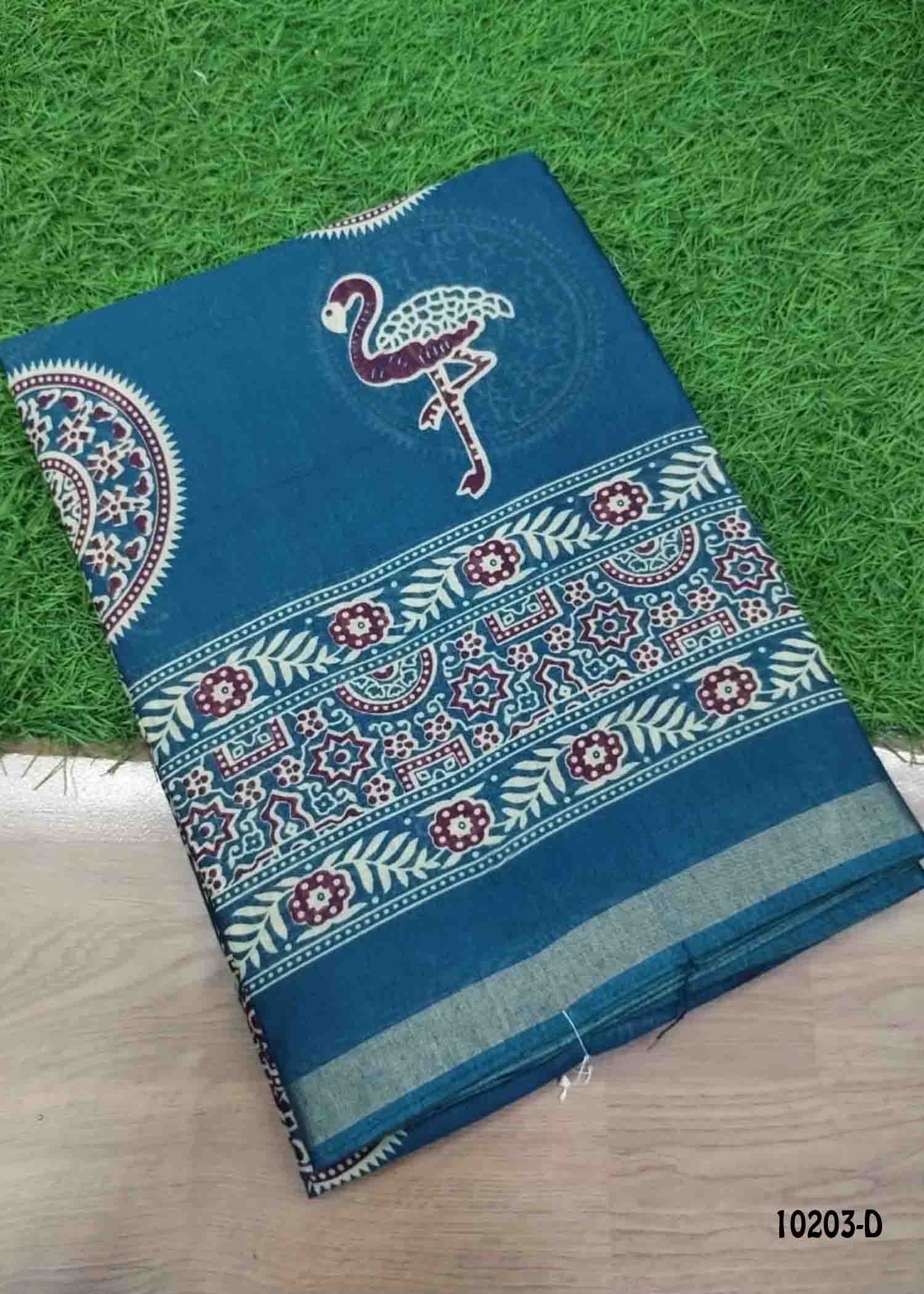 Poornima -10203-D Peacockblue Color Kalamkari Print Mixed Cotton Saree CM1480333 (LR1C)