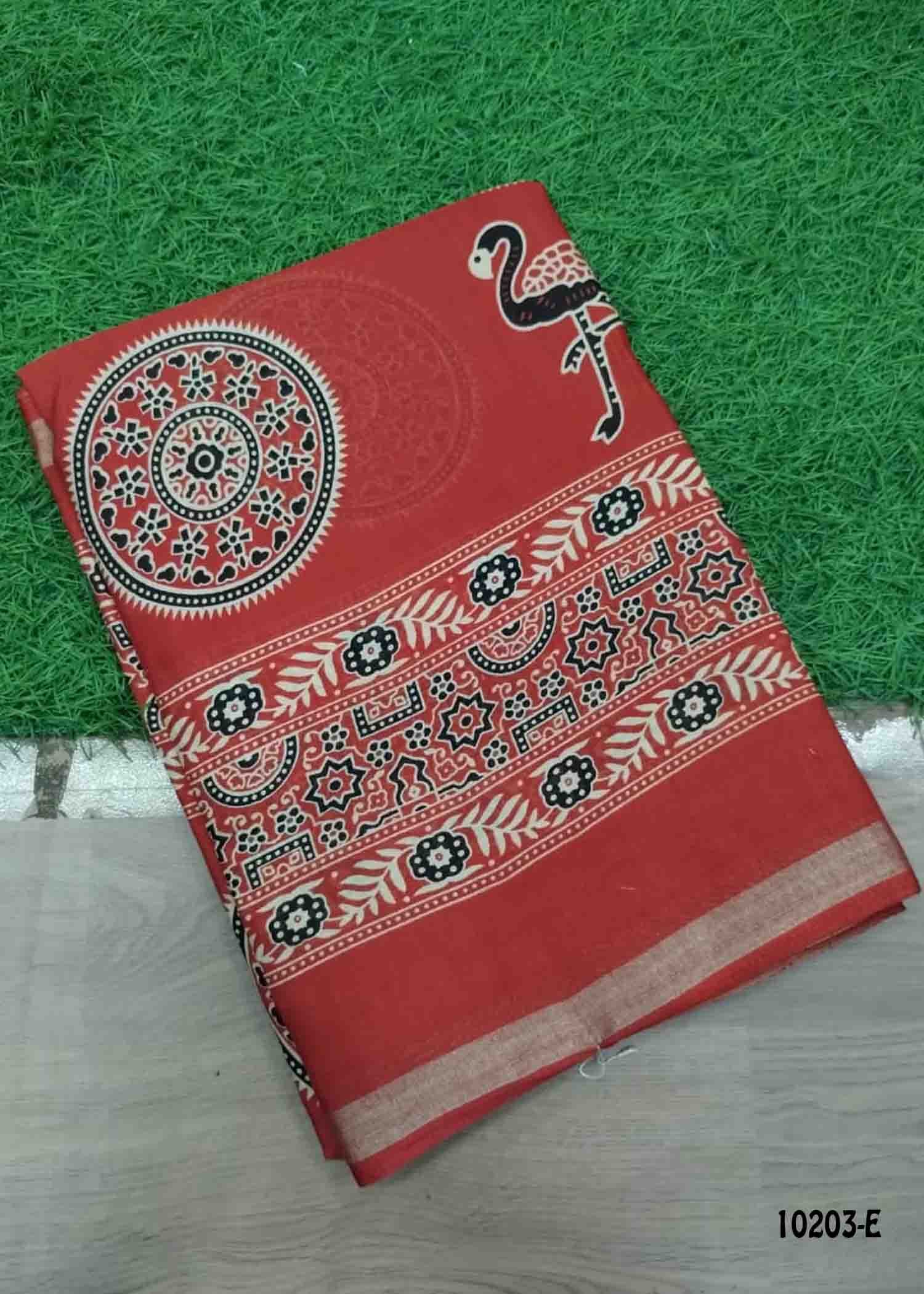Poornima -10203-E Red Color Kalamkari Print Mixed Cotton Saree CM1480333 (LR1C)