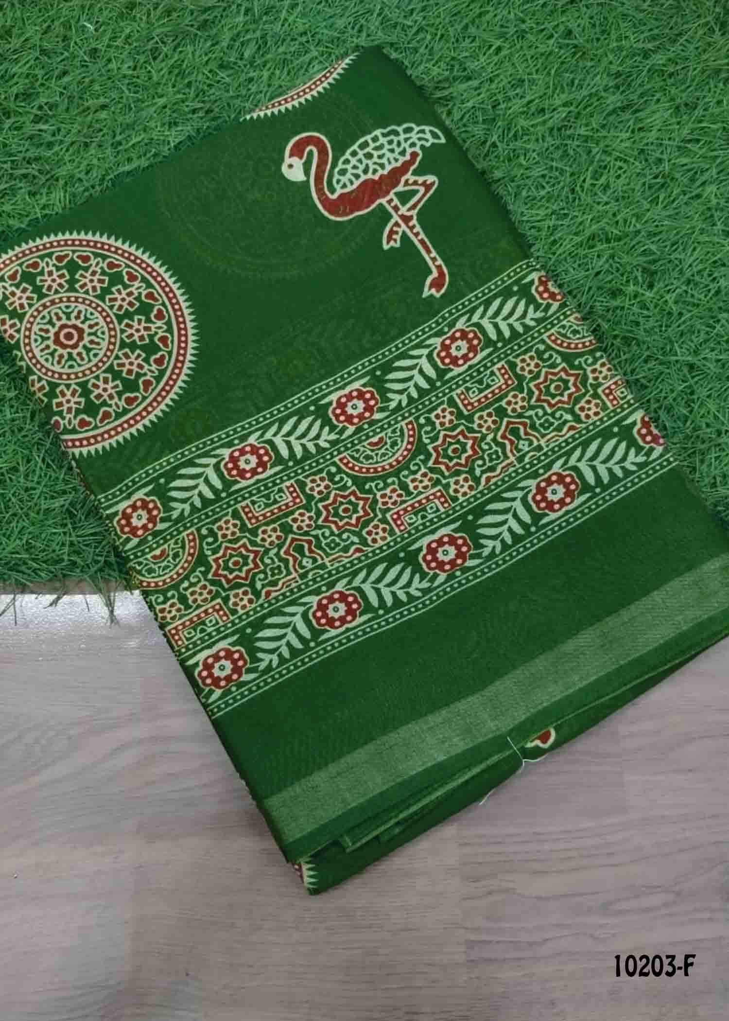 Poornima -10203-F Green Color Kalamkari Print Mixed Cotton Saree CM1480333 (LR1C)